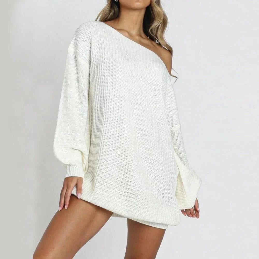 Asymmetrical Neckline Knitted Mini Dress in White
