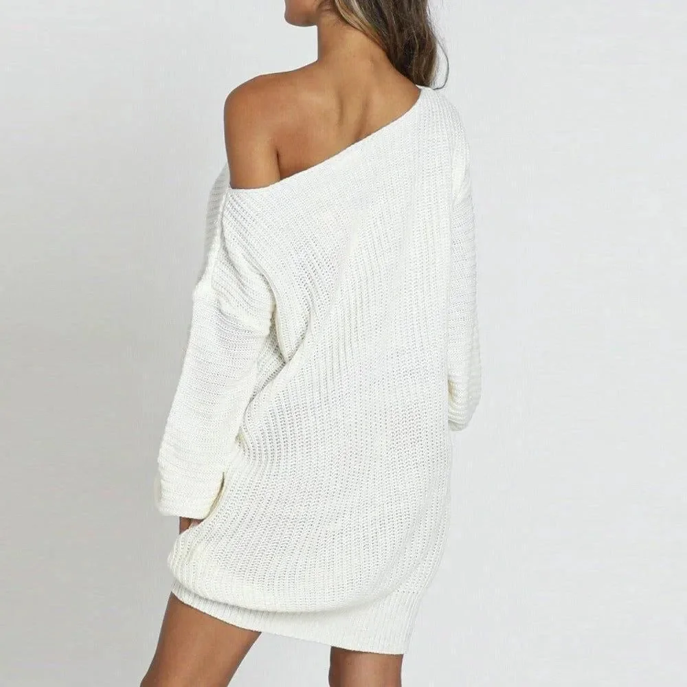 Asymmetrical Neckline Knitted Mini Dress in White