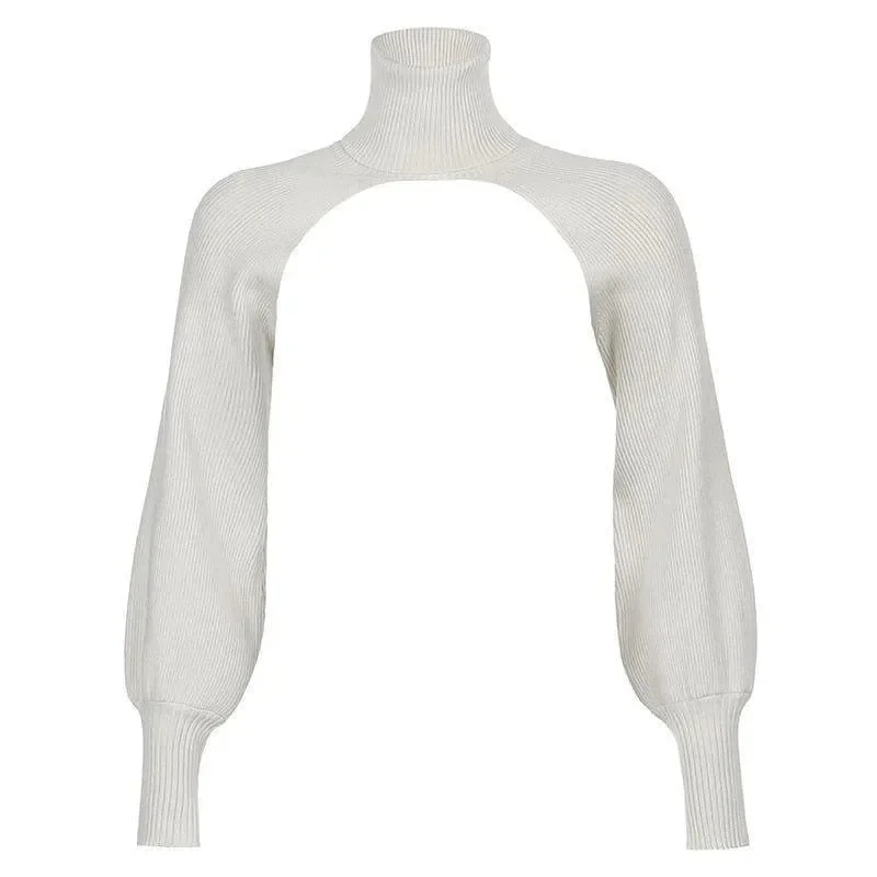 Beige Knitted Cropped Turtleneck Sweater