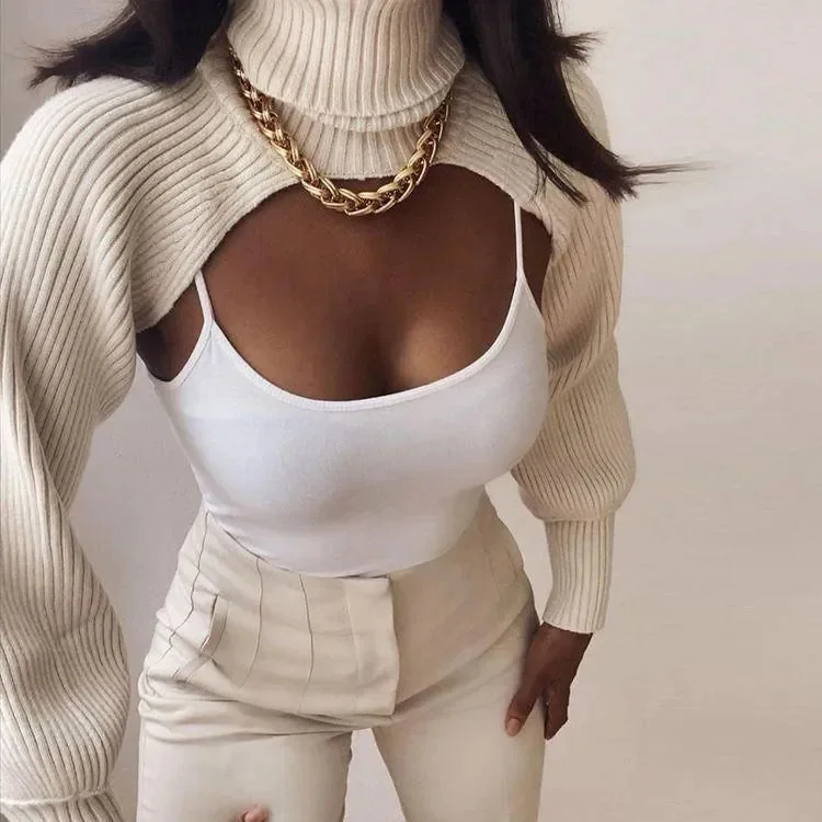 Beige Knitted Cropped Turtleneck Sweater