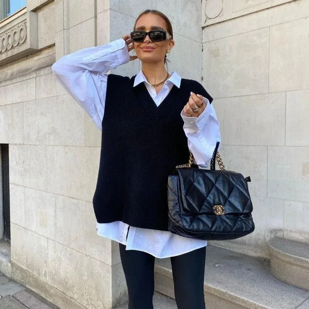 Cozy Black Knit Oversized Cardigan Vest