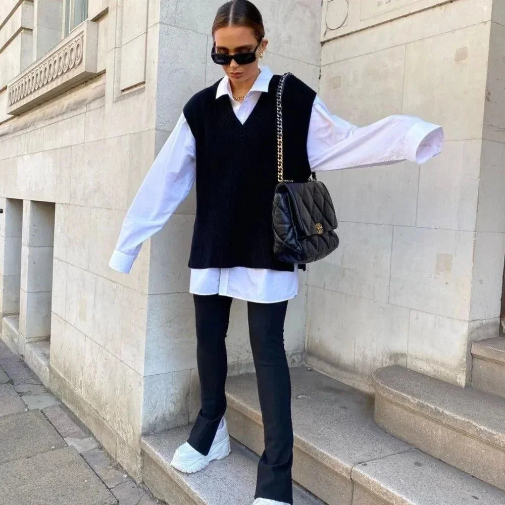 Cozy Black Knit Oversized Cardigan Vest