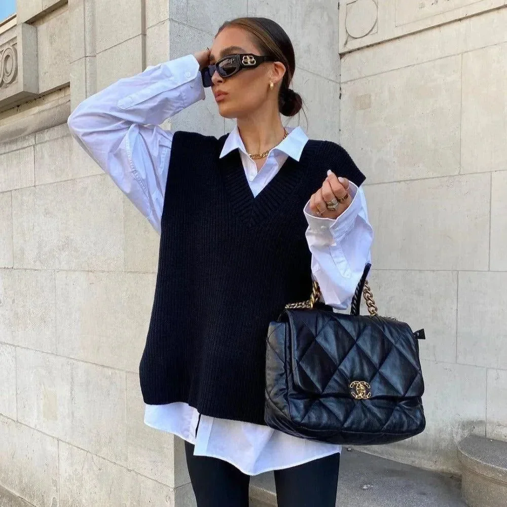 Cozy Black Knit Oversized Cardigan Vest