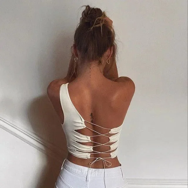 One Shoulder Lace-Up Tank Top - Stylish and Chic