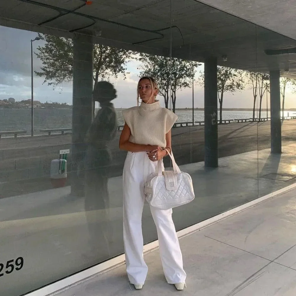 Vintage Ribbed Knitted Turtleneck Cardigan - Ivory and Beige