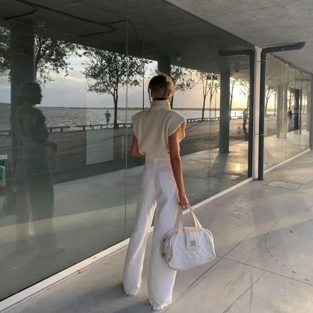 Vintage Ribbed Knitted Turtleneck Cardigan - Ivory and Beige