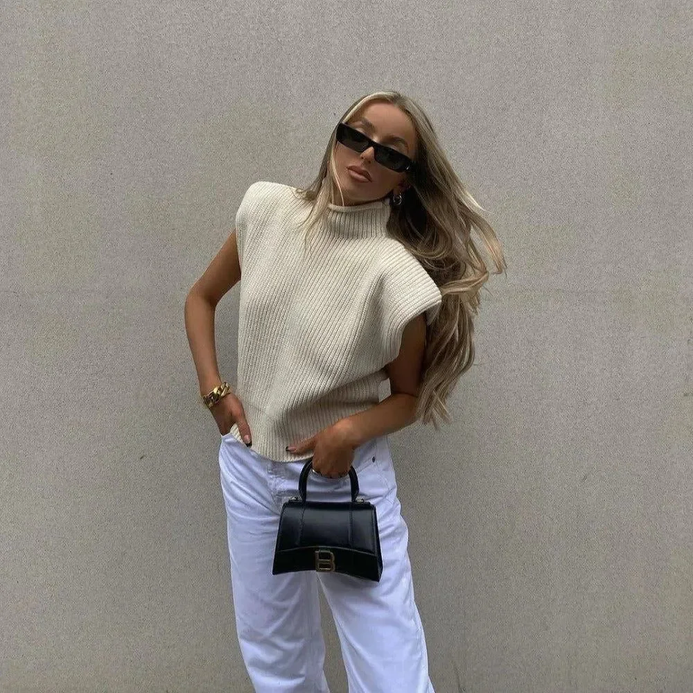 Vintage Ribbed Knitted Turtleneck Cardigan - Ivory and Beige