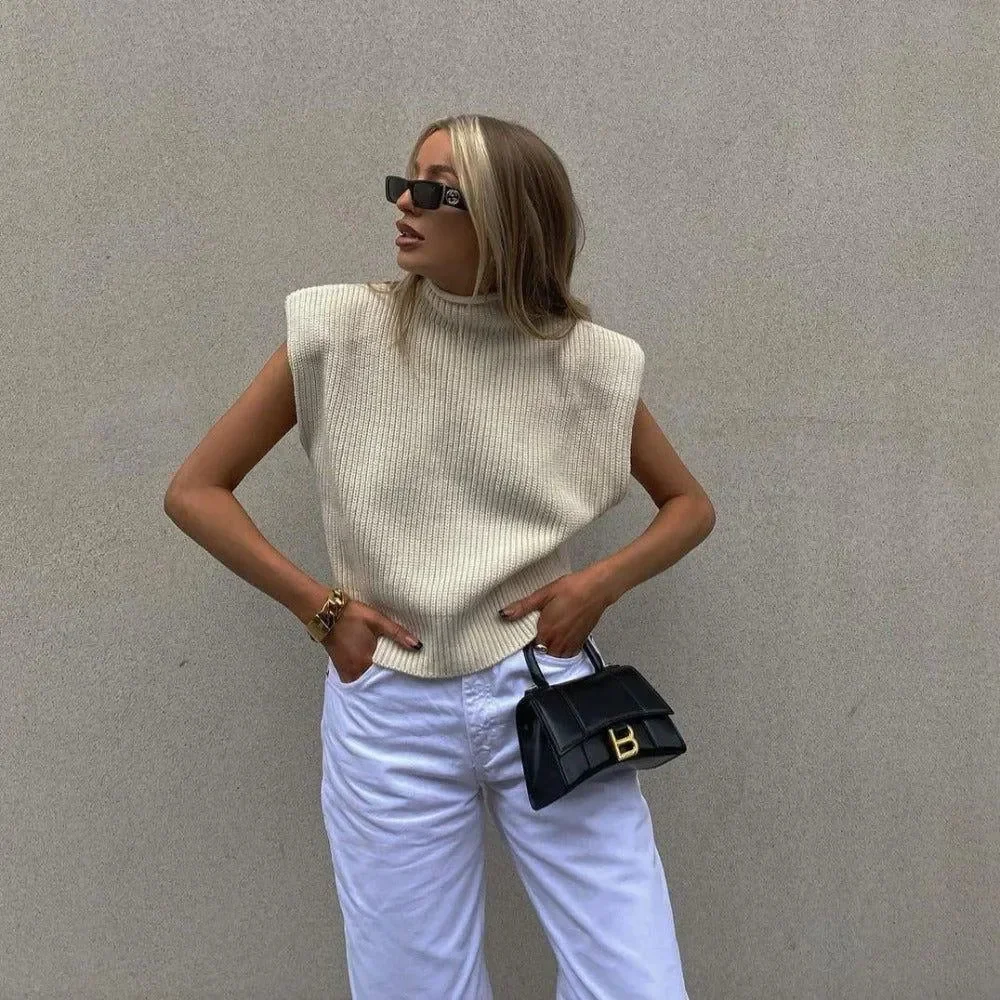 Vintage Ribbed Knitted Turtleneck Cardigan - Ivory and Beige