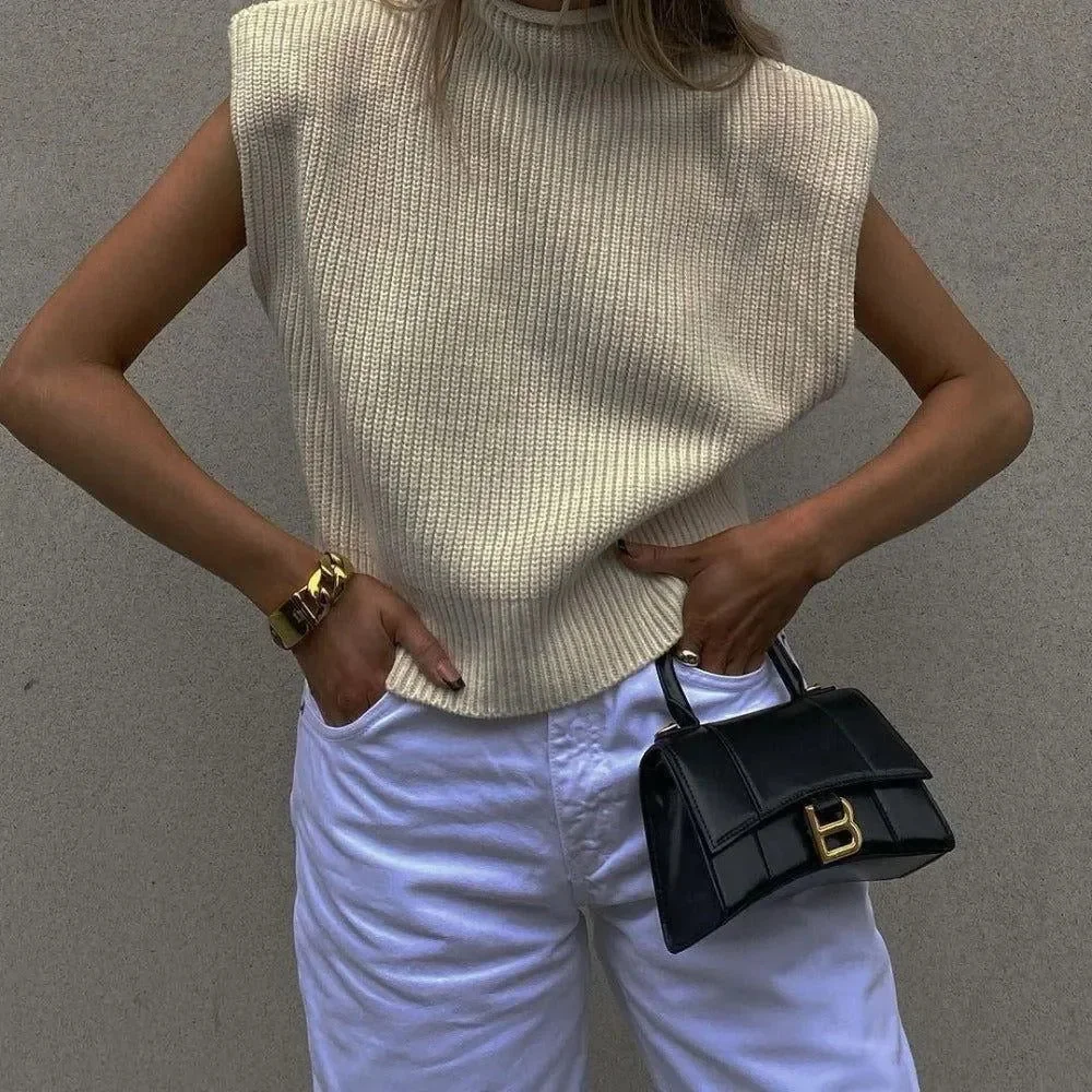 Vintage Ribbed Knitted Turtleneck Cardigan - Ivory and Beige