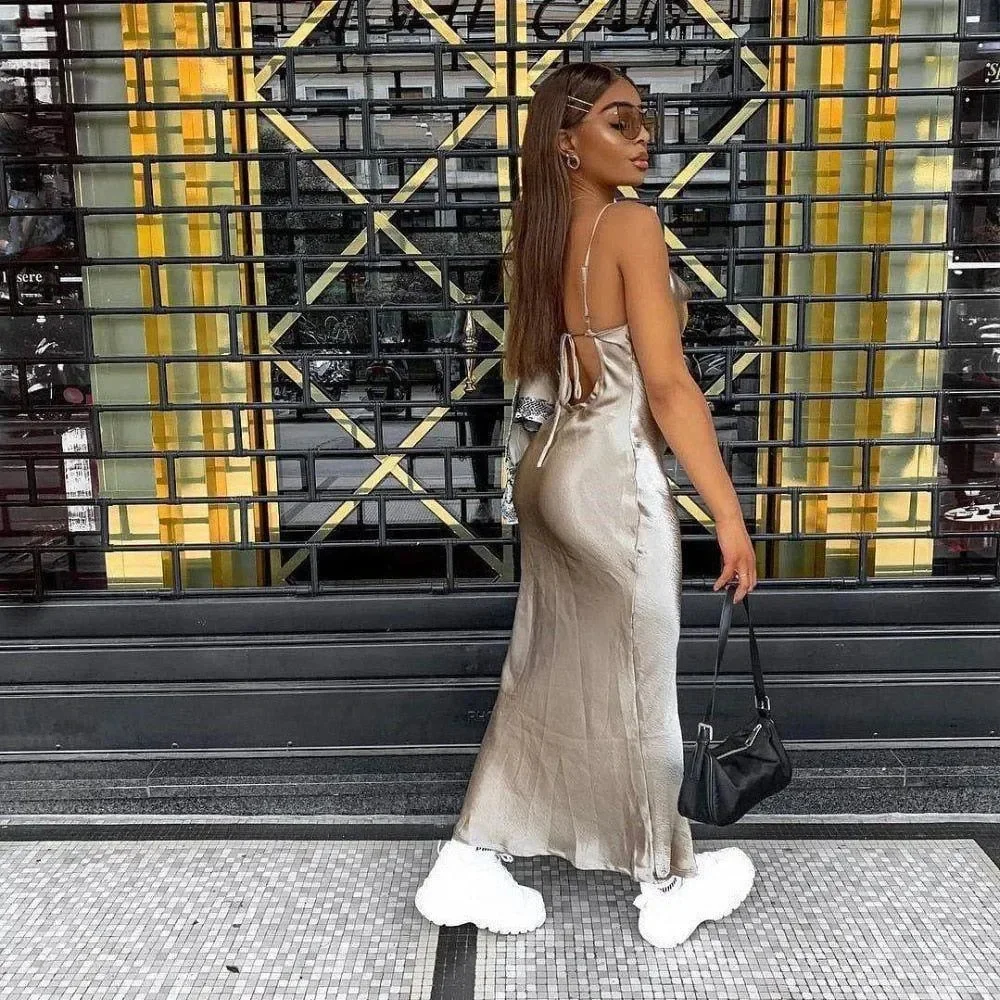 Elegant Metallic Satin Cowl Neck Maxi Dress in Red, Gold, White - Adjustable Straps & Side Slit