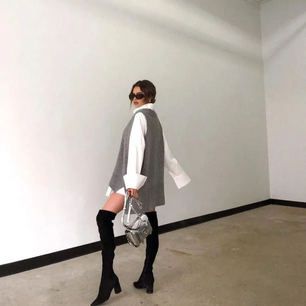 Gray Oversized Knitted Cardigan Vest