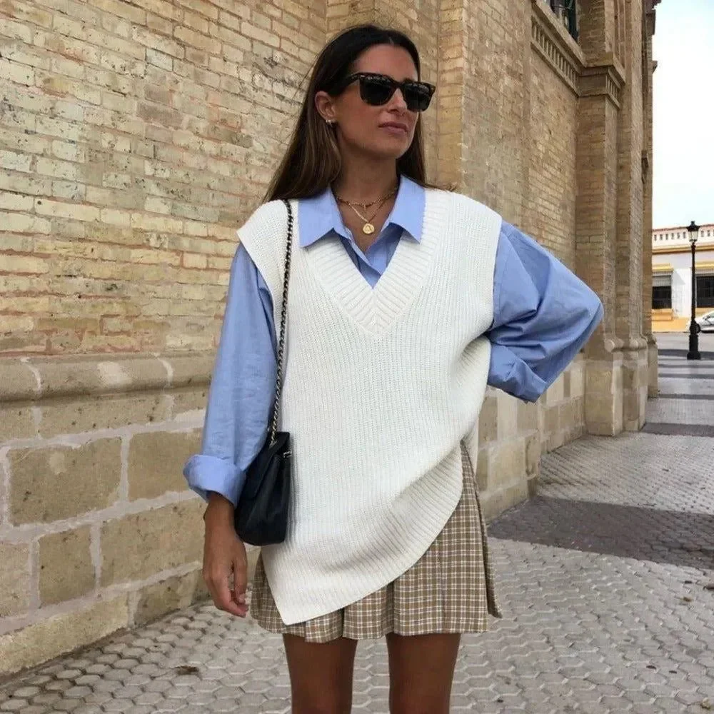 Oversized Knit Cardigan Vest White