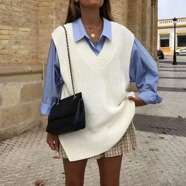 Oversized Knit Cardigan Vest White