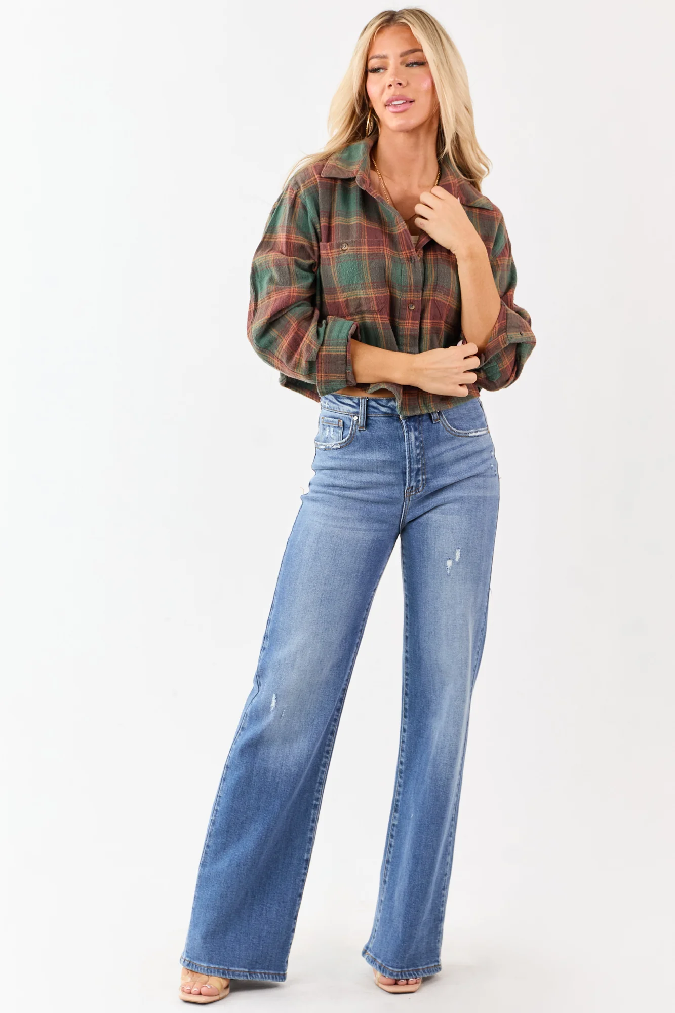 Earth Toned Cotton Button Down Top in Pine & Marsala Plaid