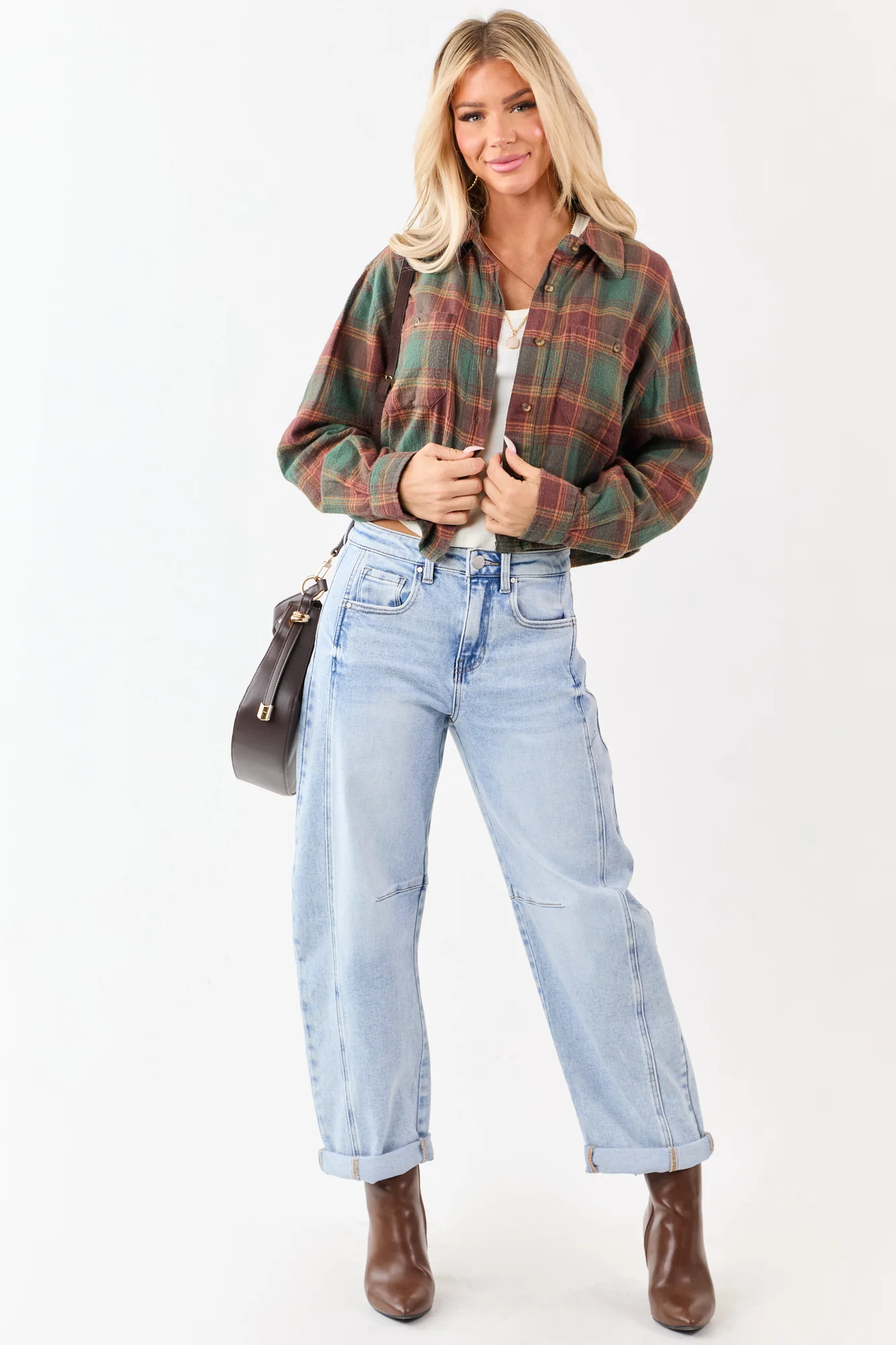 Earth Toned Cotton Button Down Top in Pine & Marsala Plaid