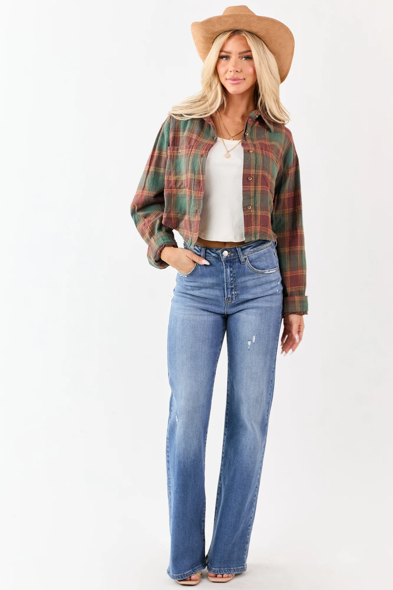 Earth Toned Cotton Button Down Top in Pine & Marsala Plaid