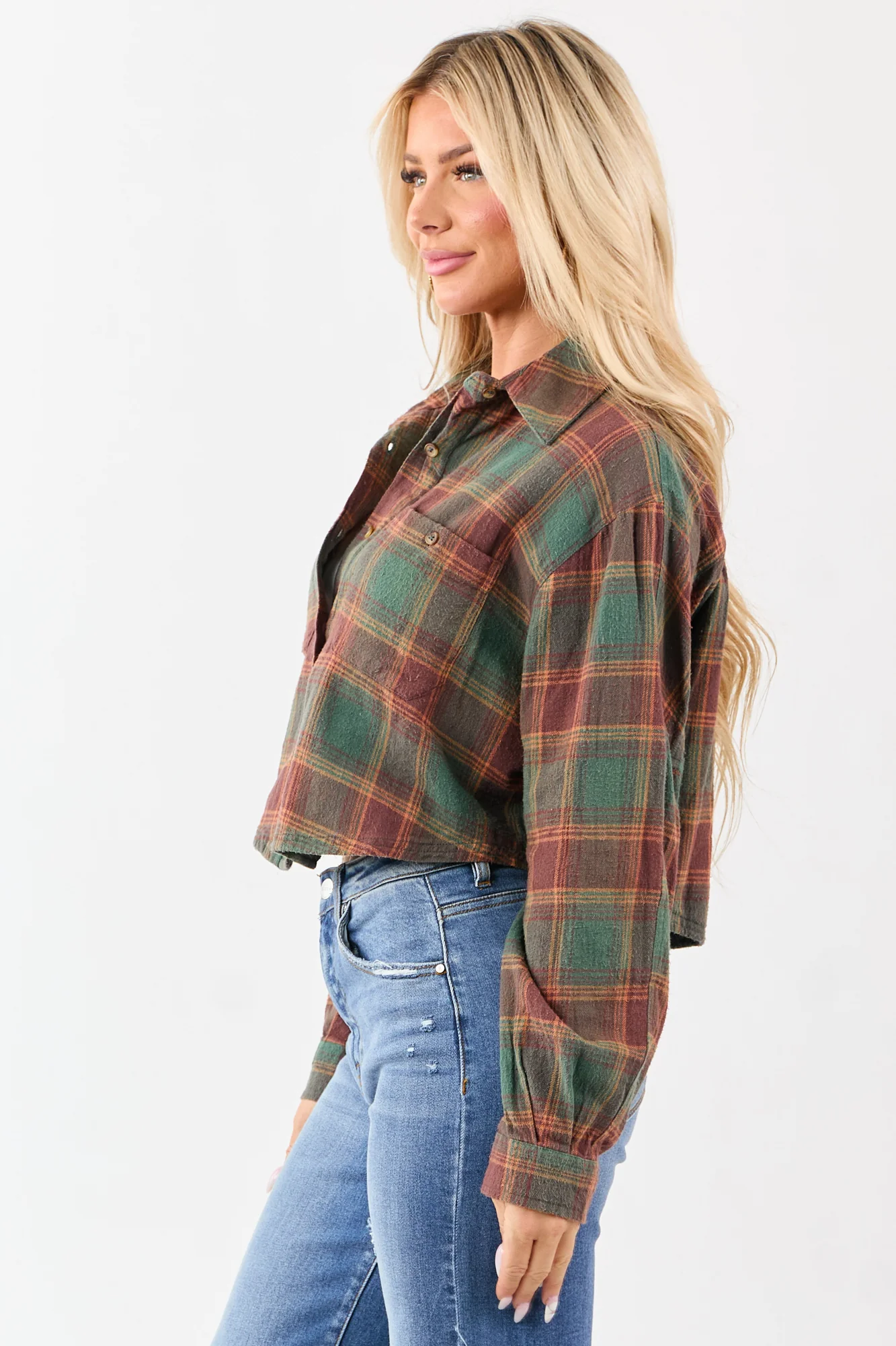 Earth Toned Cotton Button Down Top in Pine & Marsala Plaid