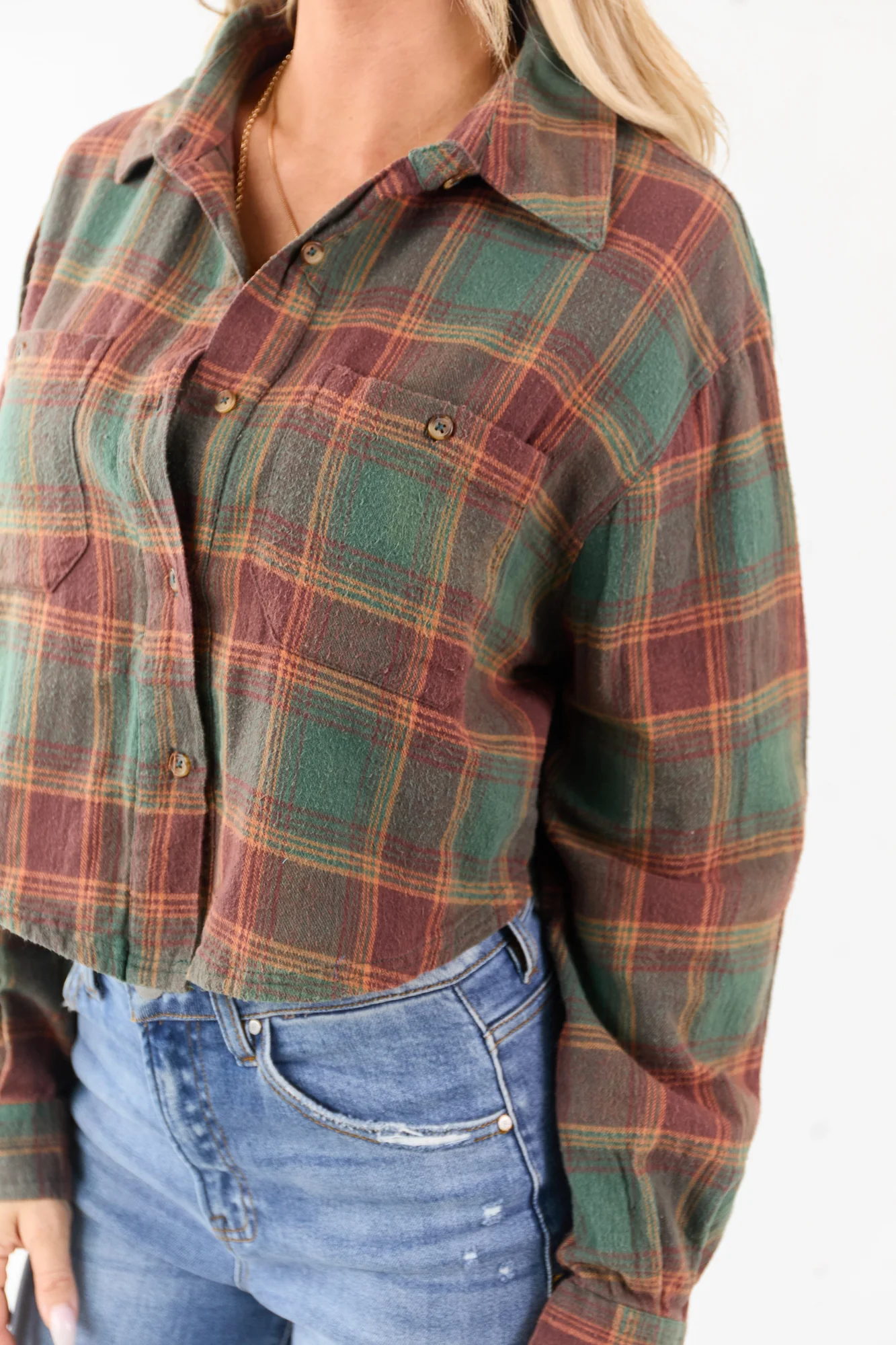 Earth Toned Cotton Button Down Top in Pine & Marsala Plaid