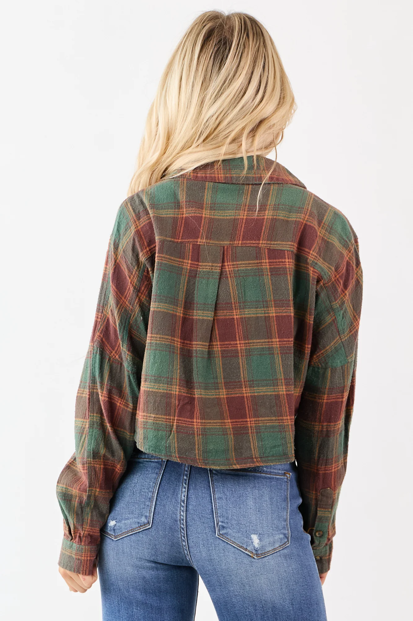 Earth Toned Cotton Button Down Top in Pine & Marsala Plaid