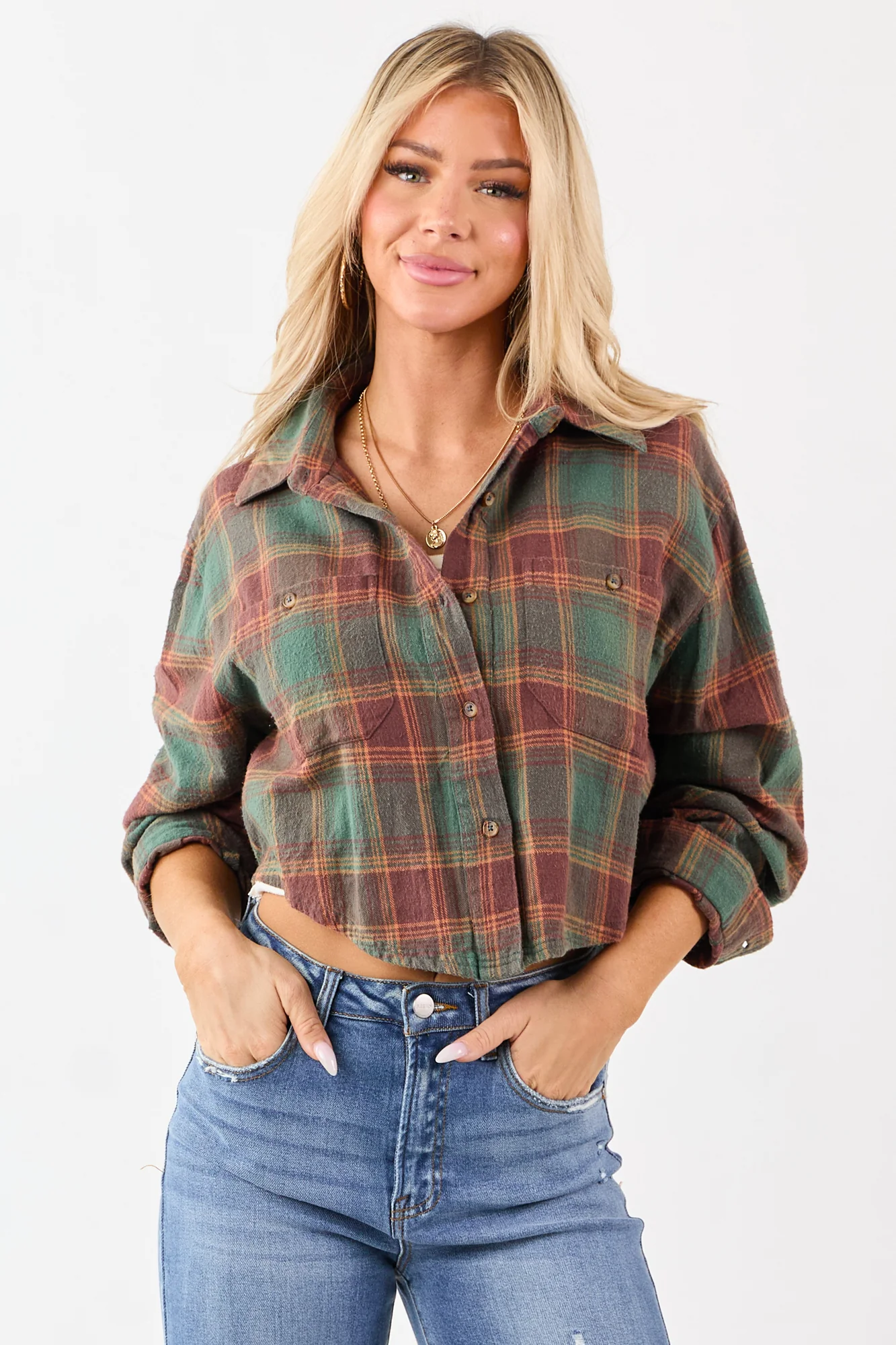 Earth Toned Cotton Button Down Top in Pine & Marsala Plaid