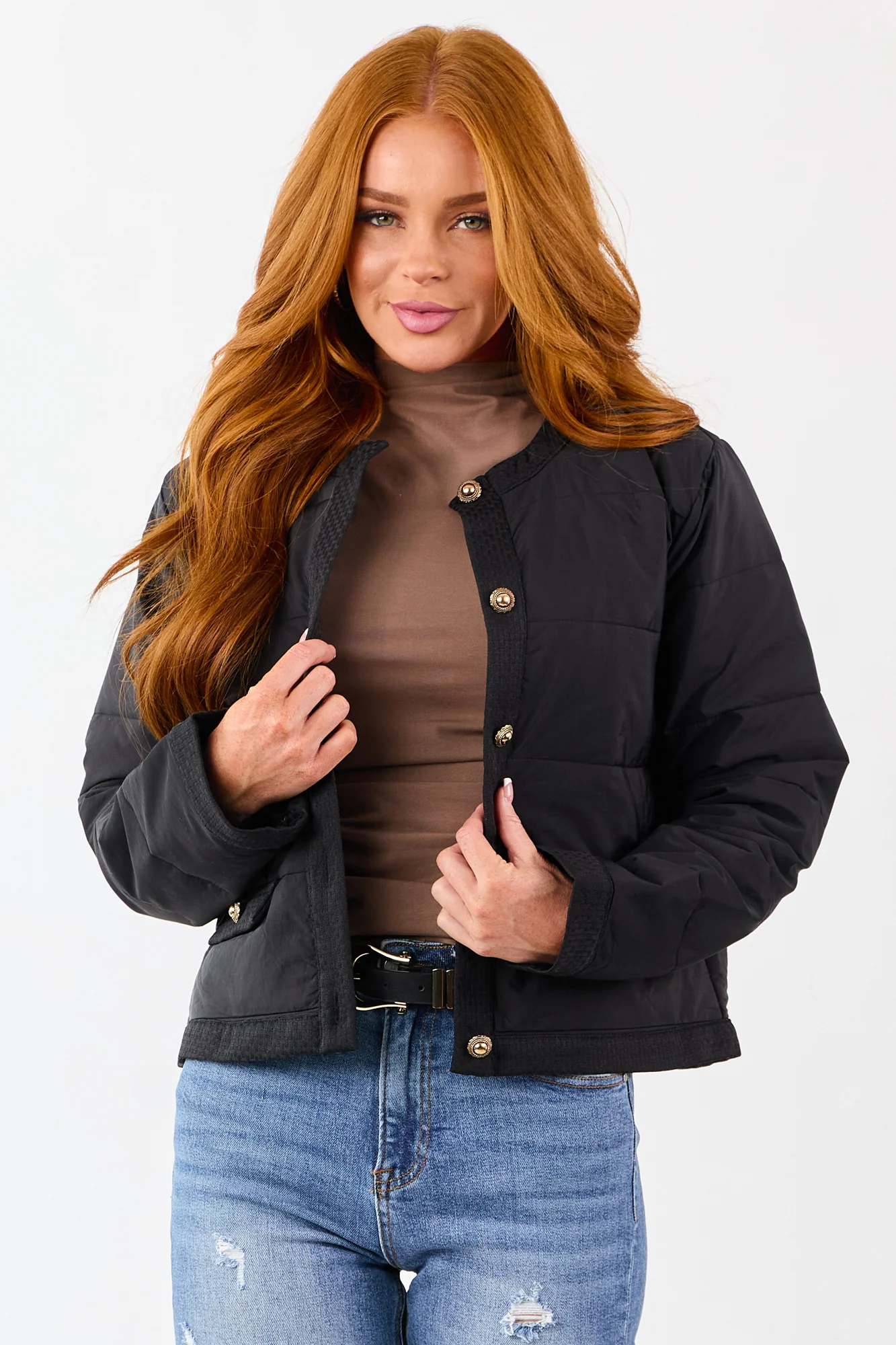 Black Button Down Puff Jacket - Luxury Gold Trim, Banded Sleeves