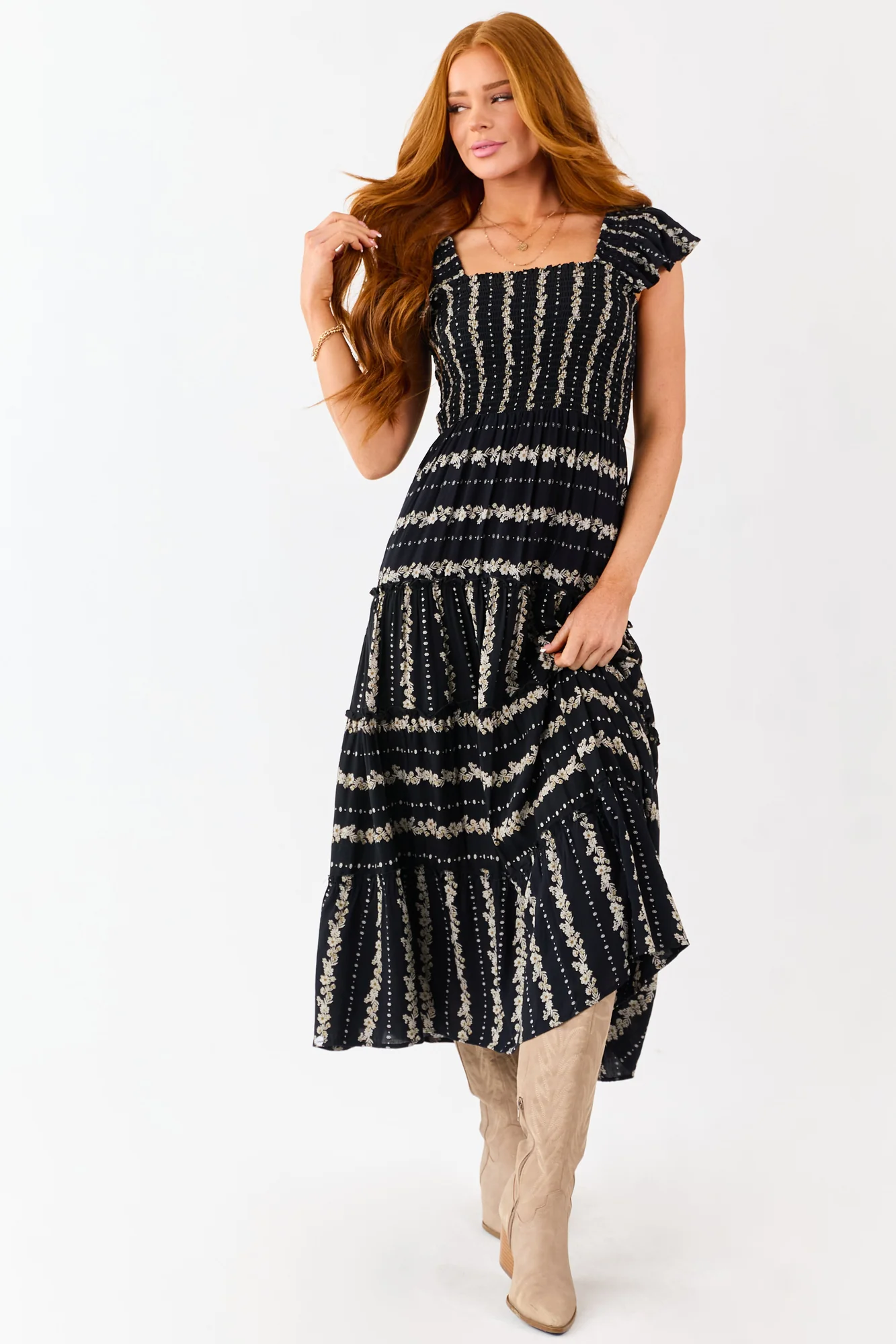 Black Floral Smocked Bodice Tiered Mid-Length Dress