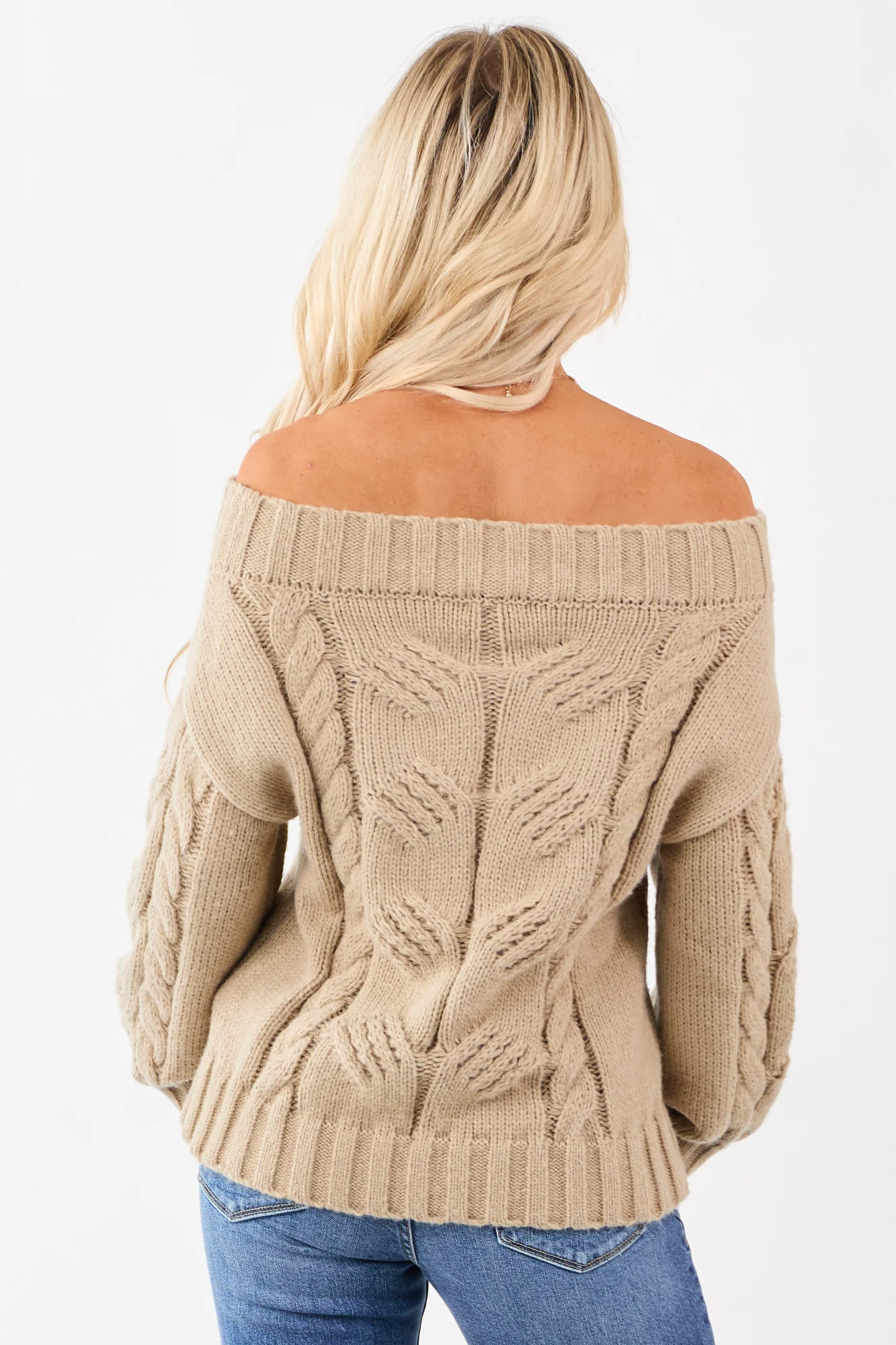 Latte Cable Knit Off-Shoulder Sweater - Cozy Womens Fall Top