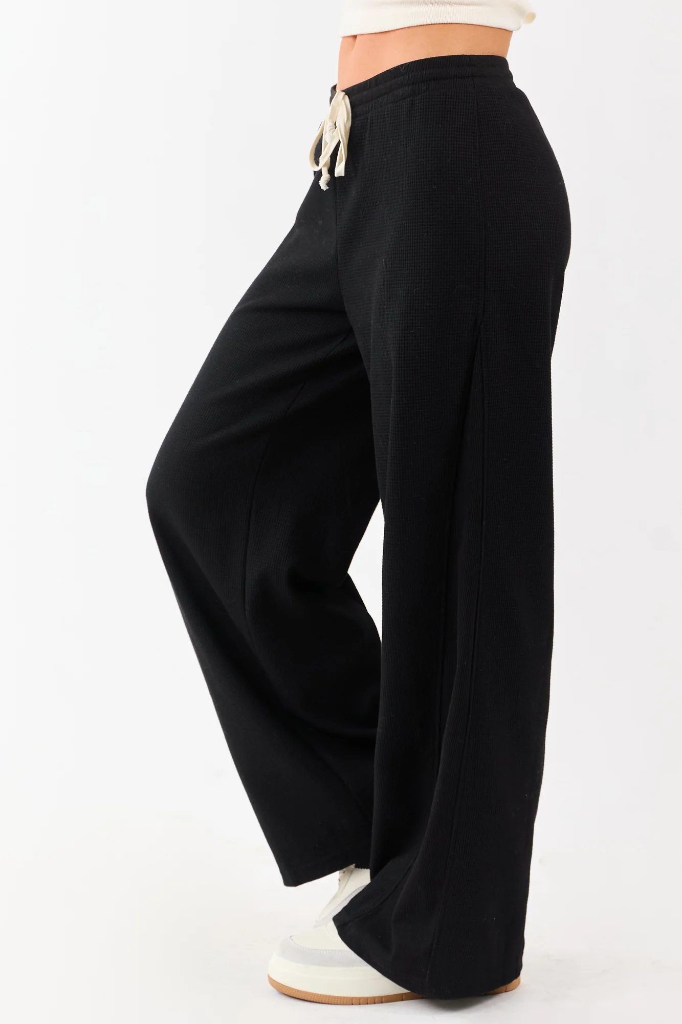 Black High-Waisted Waffle Knit Wide Leg Drawstring Pants