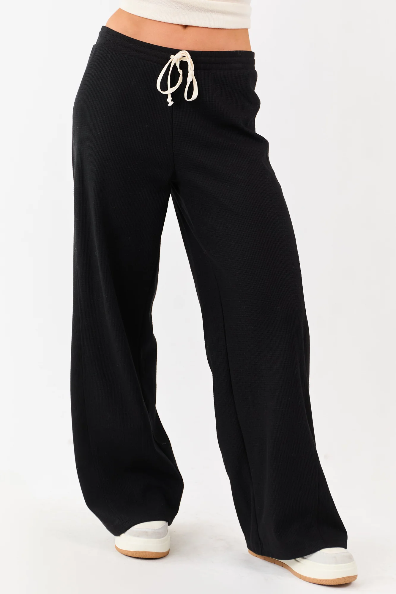 Black High-Waisted Waffle Knit Wide Leg Drawstring Pants