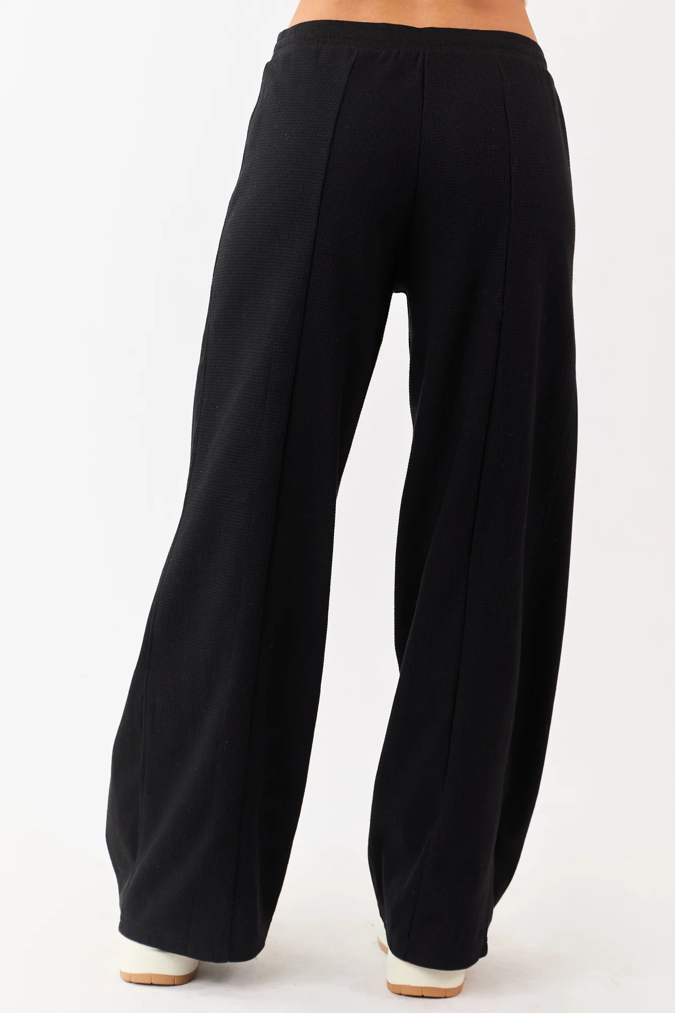Black High-Waisted Waffle Knit Wide Leg Drawstring Pants