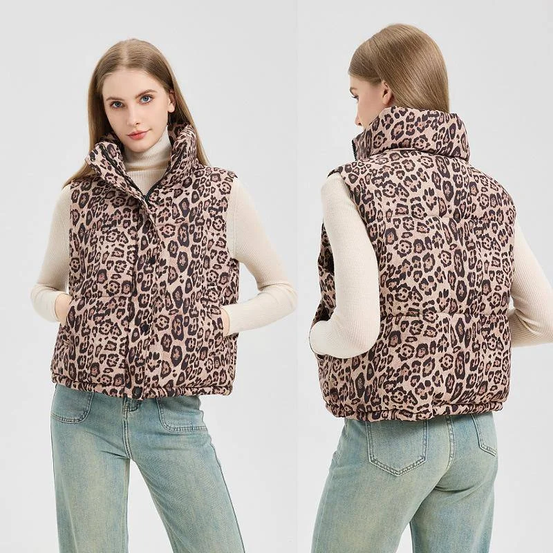 Leopard Print Zip Up Puffer Vest in Beige and Black
