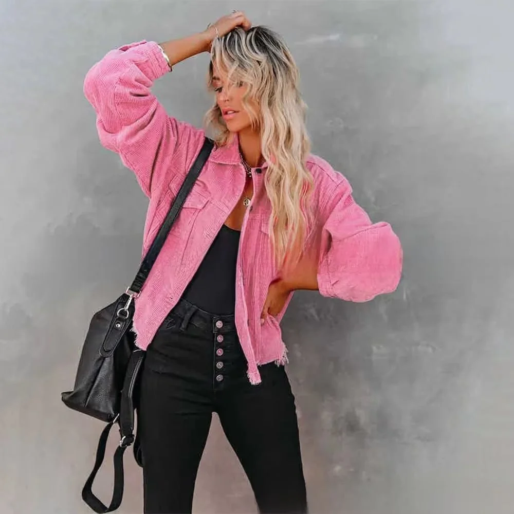 Multicolor Distressed Corduroy Jacket - Casual Button Up Style