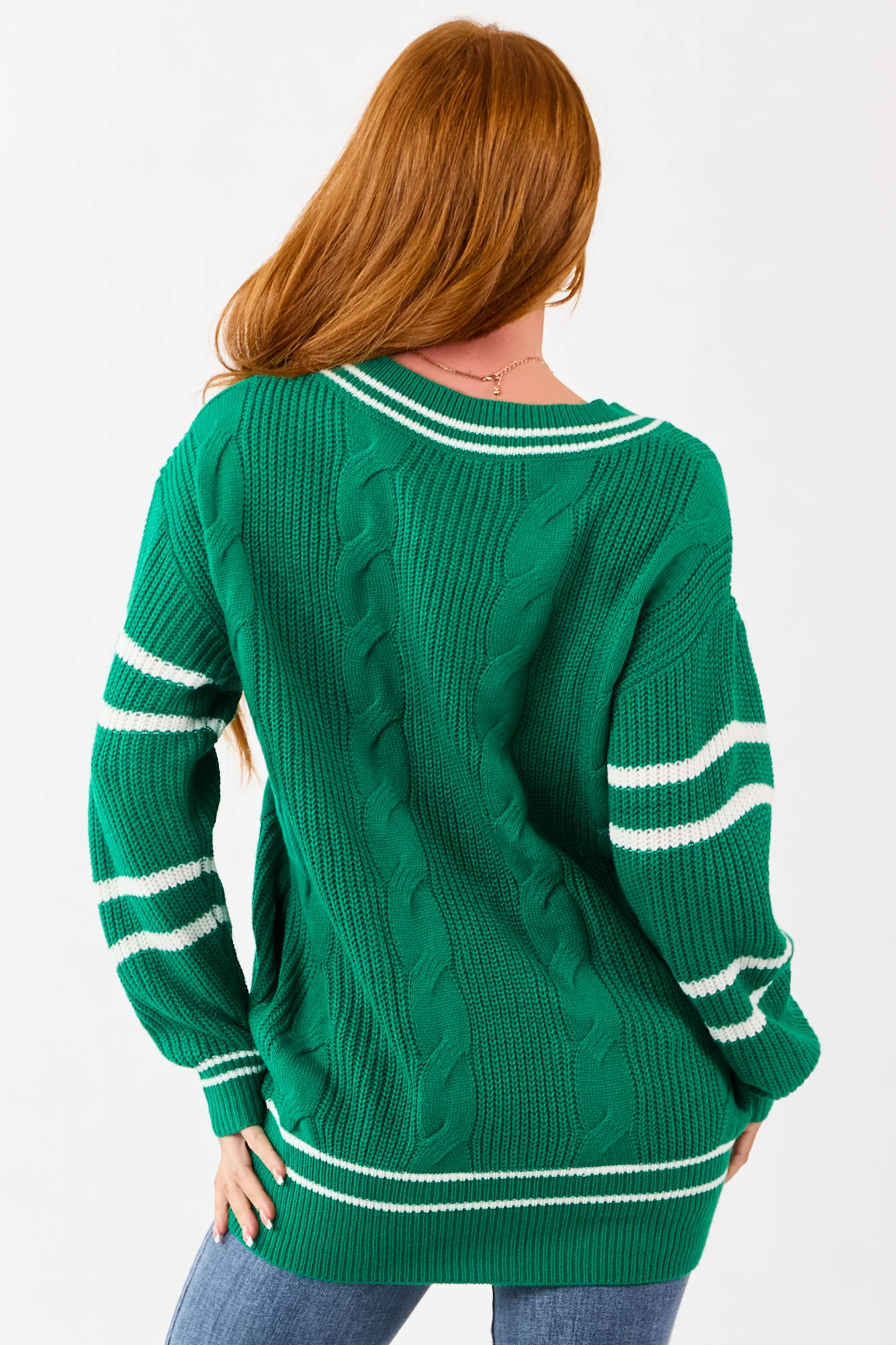 Striped V-Neck Cable Knit Sweater Dress in Jade Green