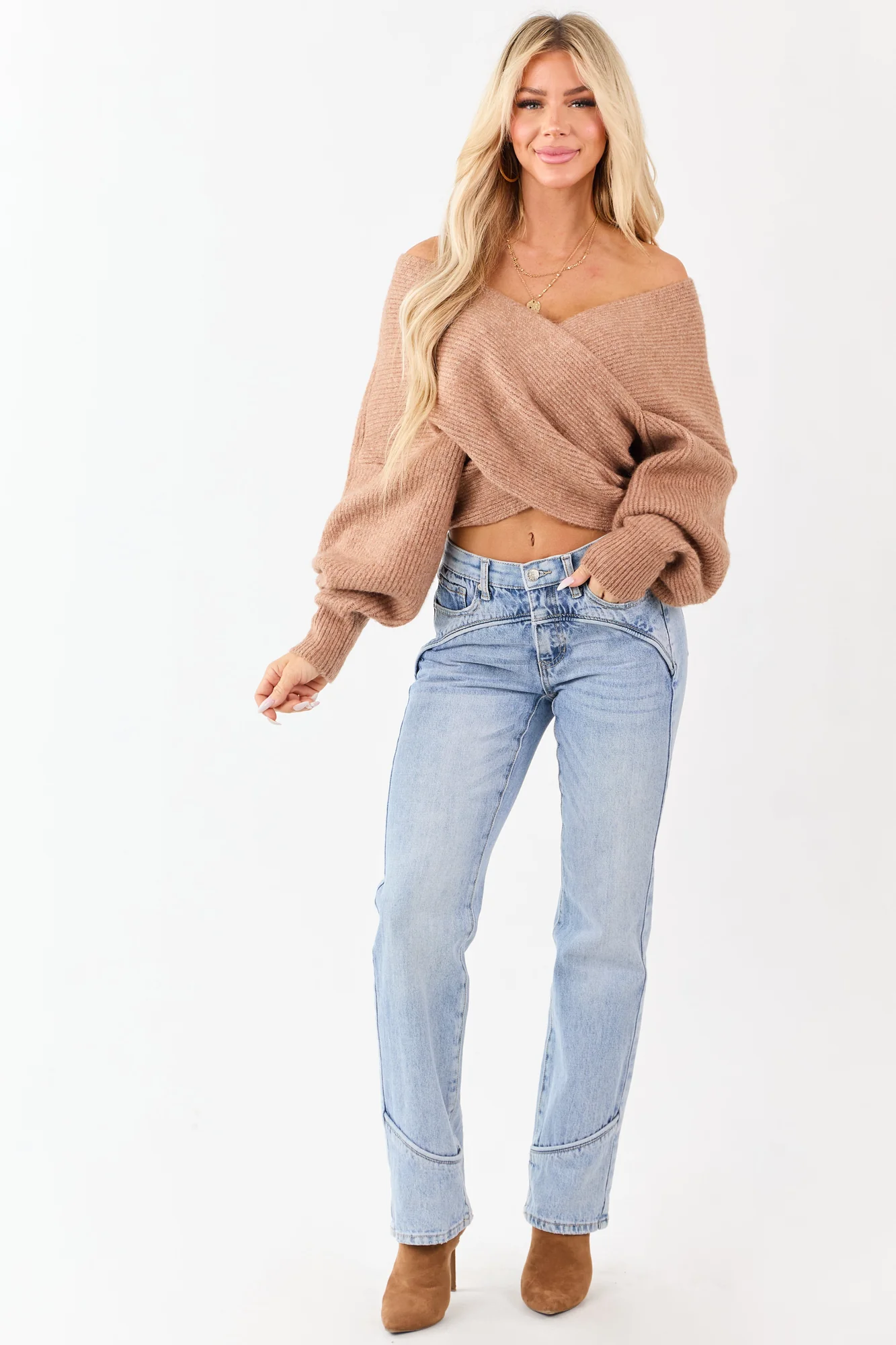 Light Wash Mid Rise Straight Jeans with Tummy Control and Piping Trim