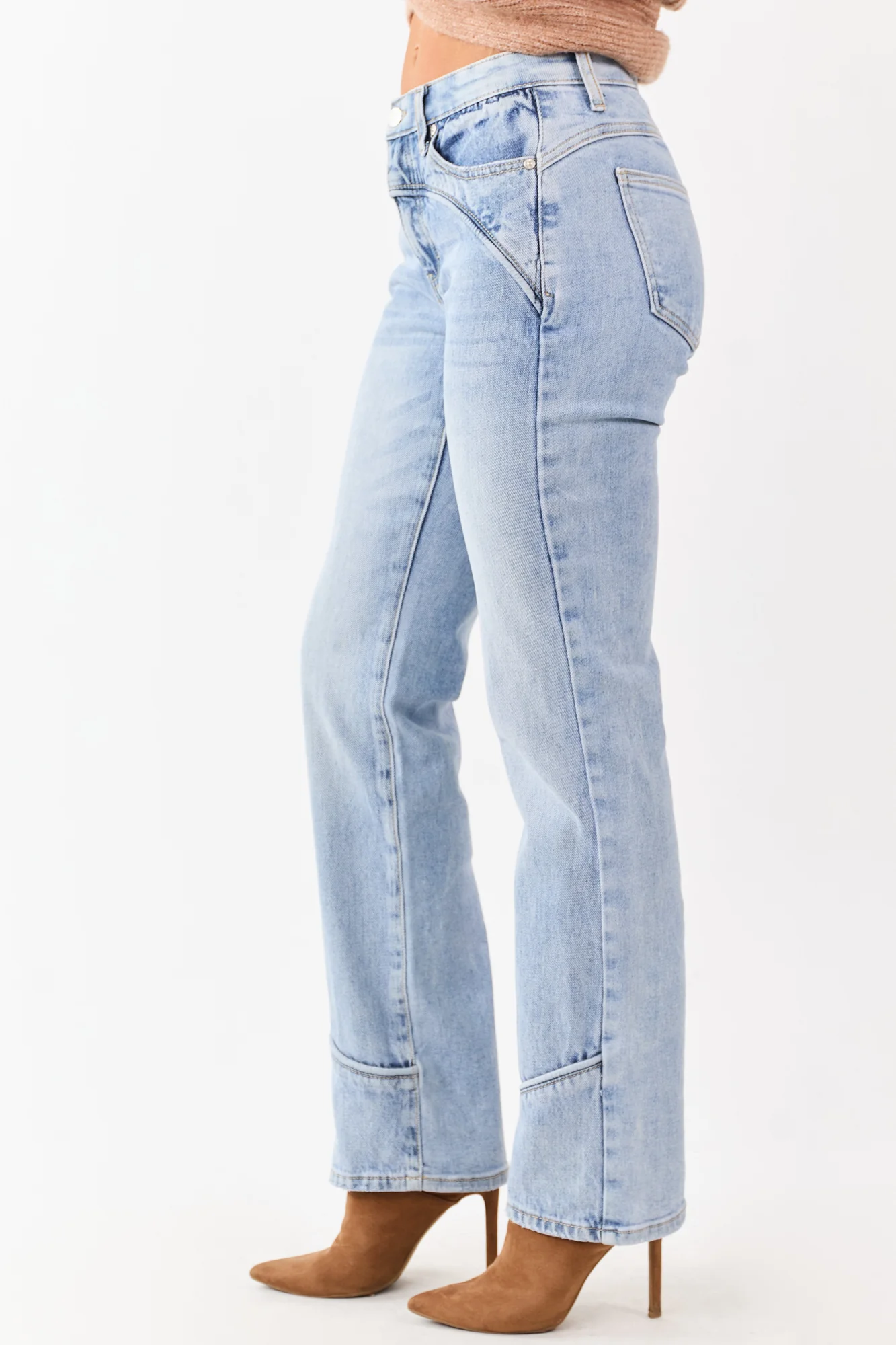 Light Wash Mid Rise Straight Jeans with Tummy Control and Piping Trim