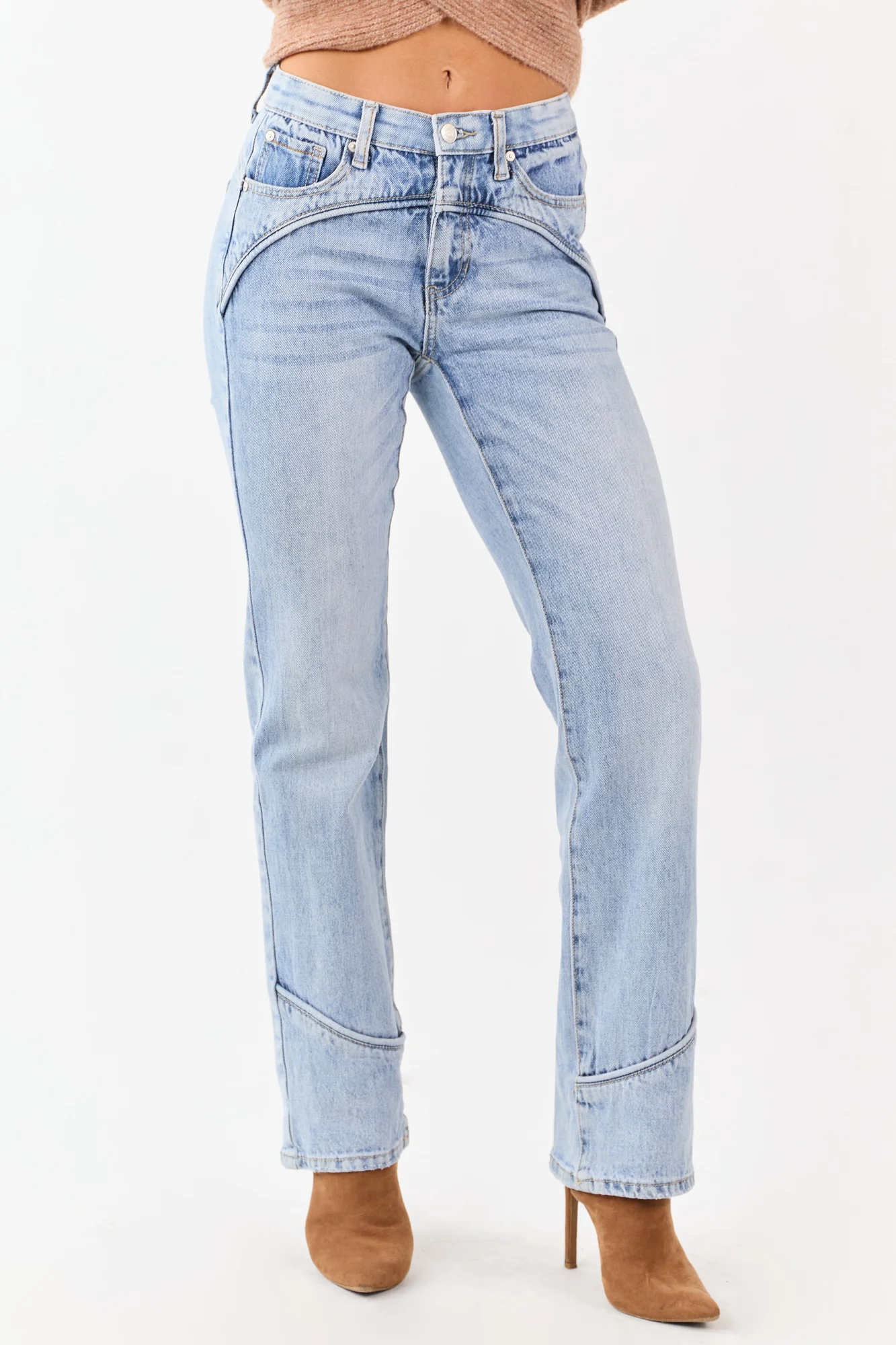 Light Wash Mid Rise Straight Jeans with Tummy Control and Piping Trim