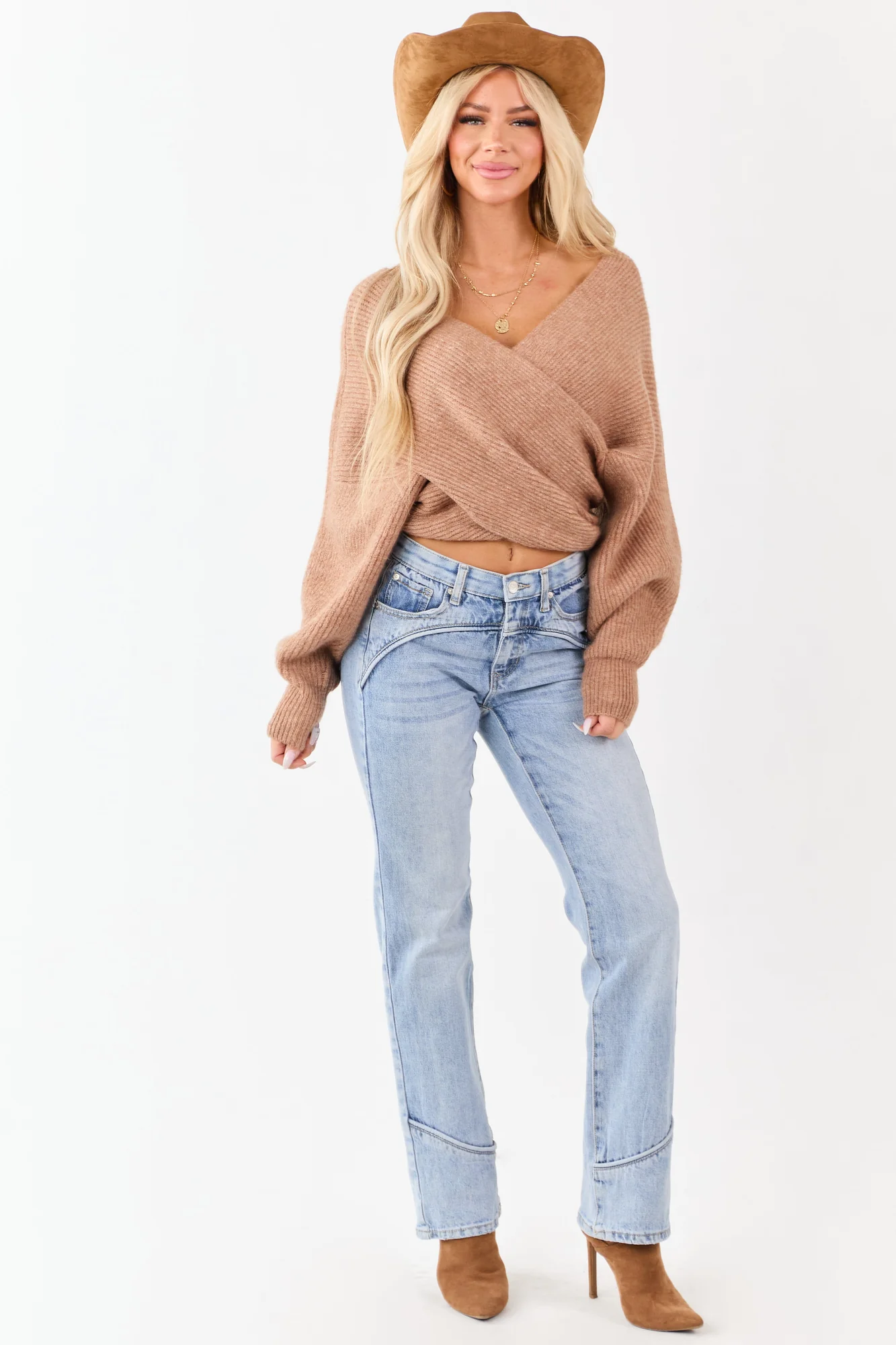 Light Wash Mid Rise Straight Jeans with Tummy Control and Piping Trim