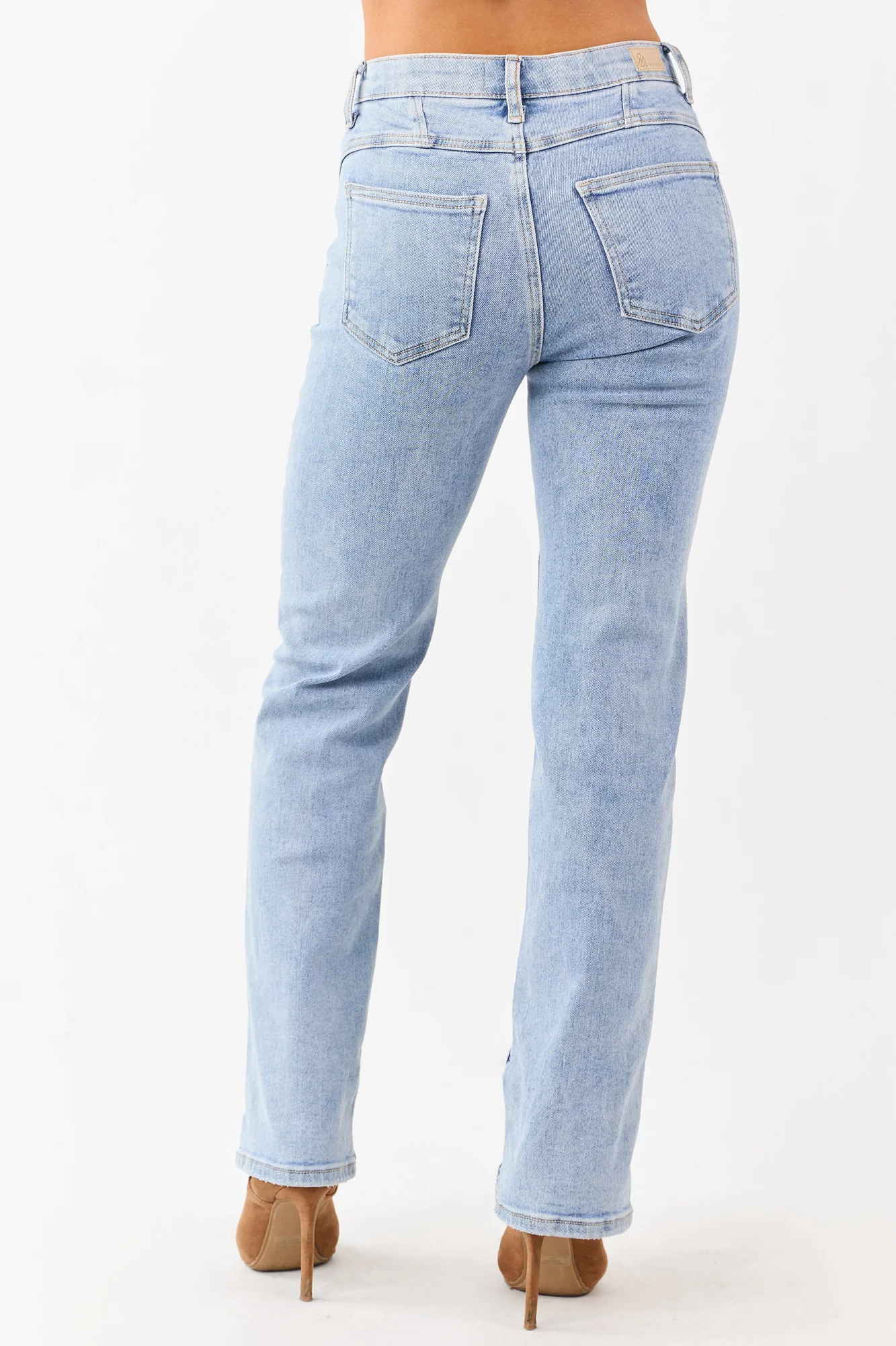 Light Wash Mid Rise Straight Jeans with Tummy Control and Piping Trim