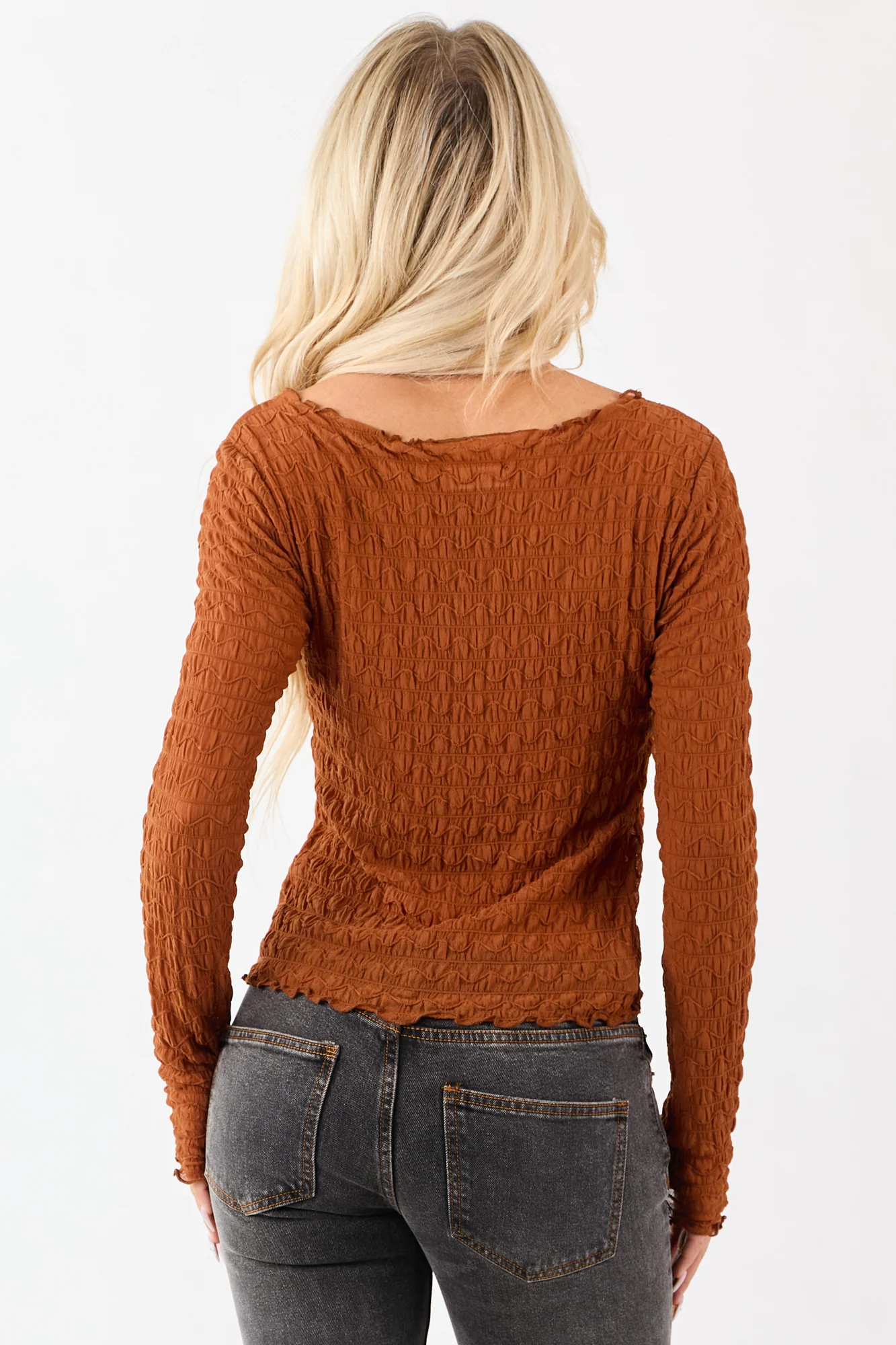 Cognac Sheer Mesh Boat Neck Long Sleeve Top