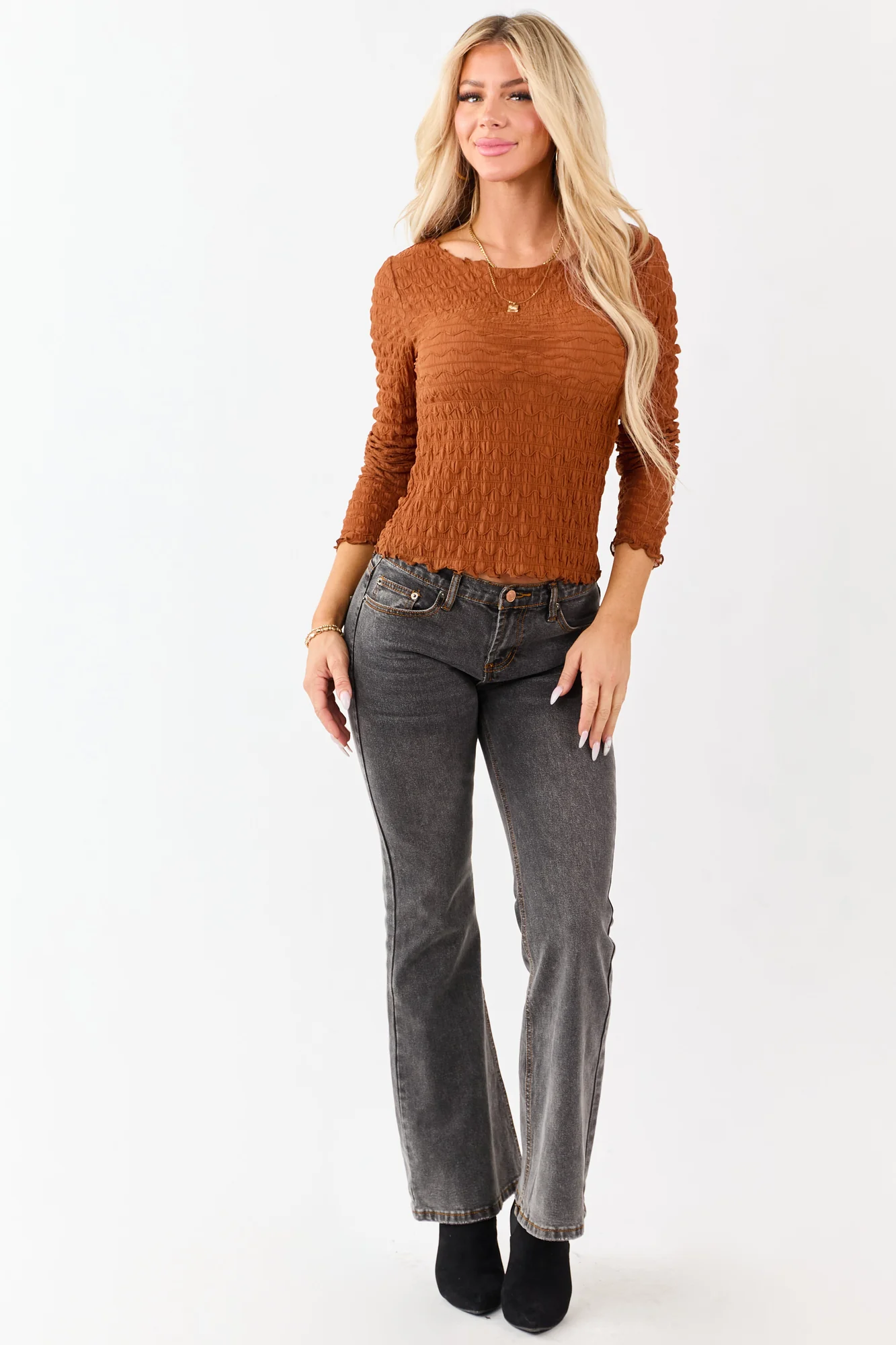 Cognac Sheer Mesh Boat Neck Long Sleeve Top