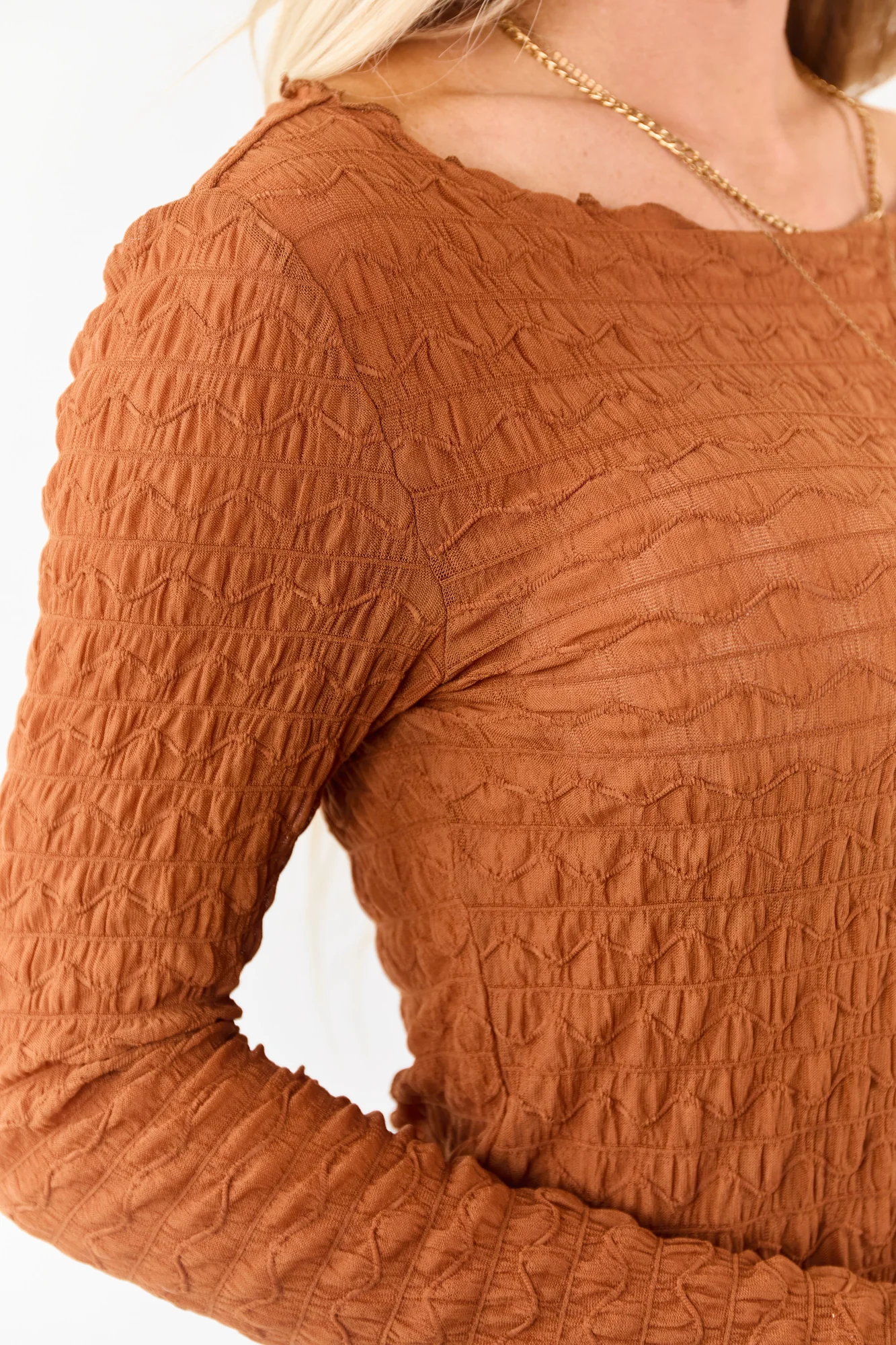 Cognac Sheer Mesh Boat Neck Long Sleeve Top