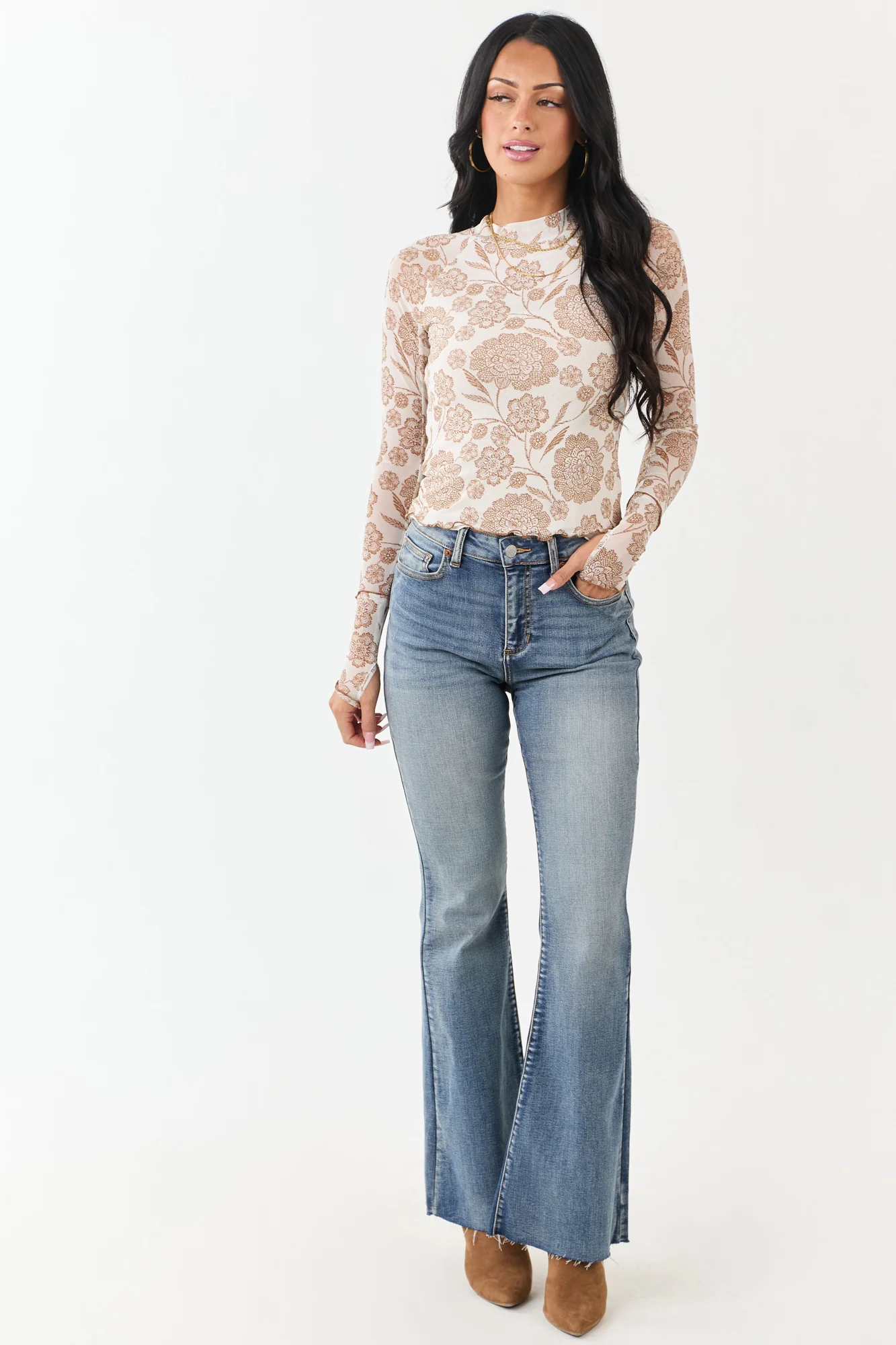 Vintage Floral Print Mesh Mock Neck Top in Ivory and Sepia