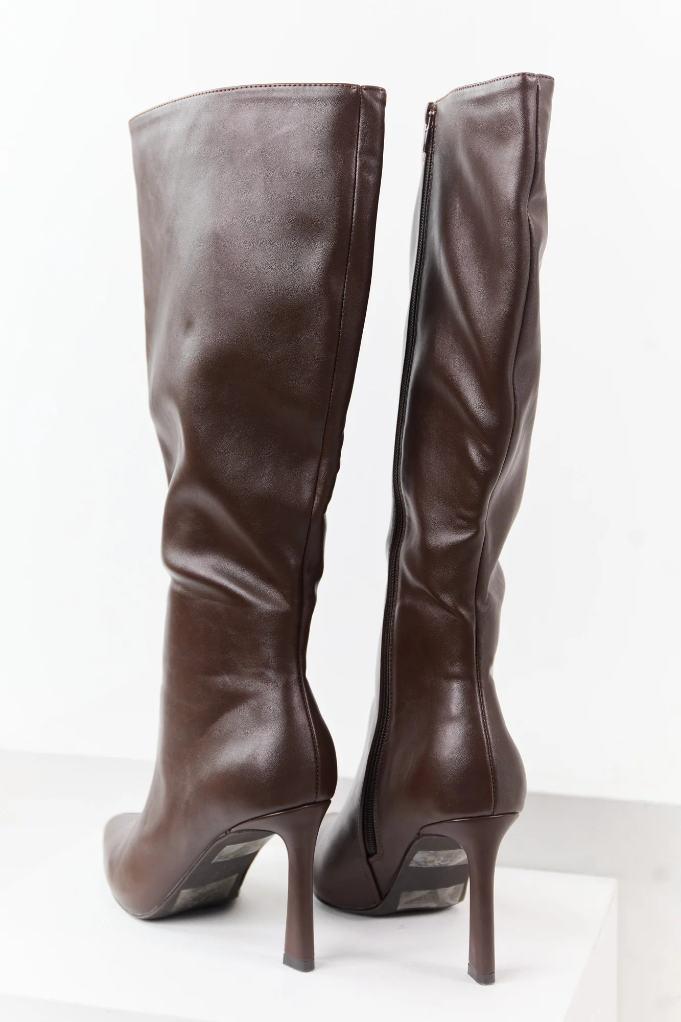 Brown Faux Leather Stiletto Heel Tall Boots