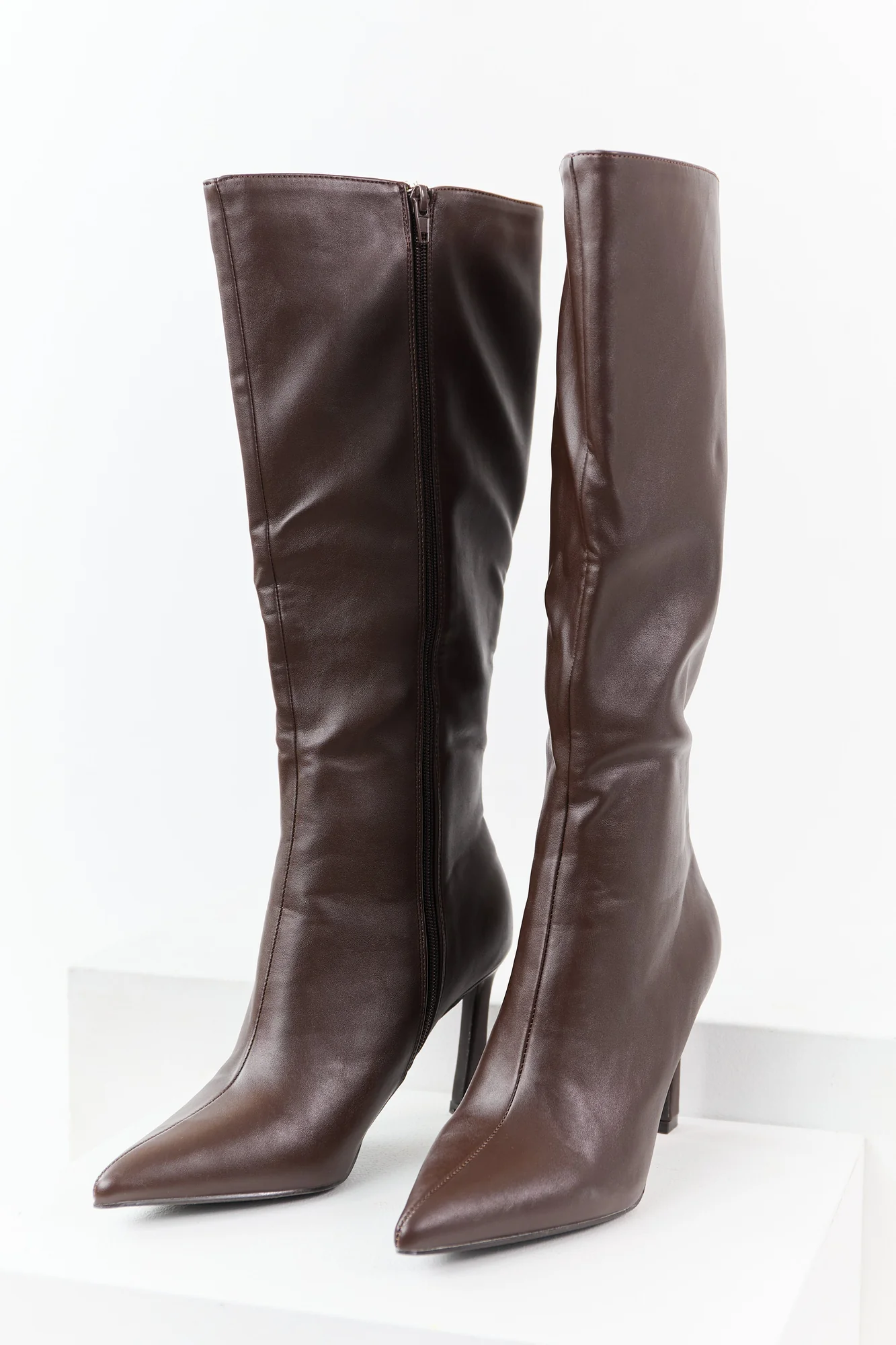 Brown Faux Leather Stiletto Heel Tall Boots