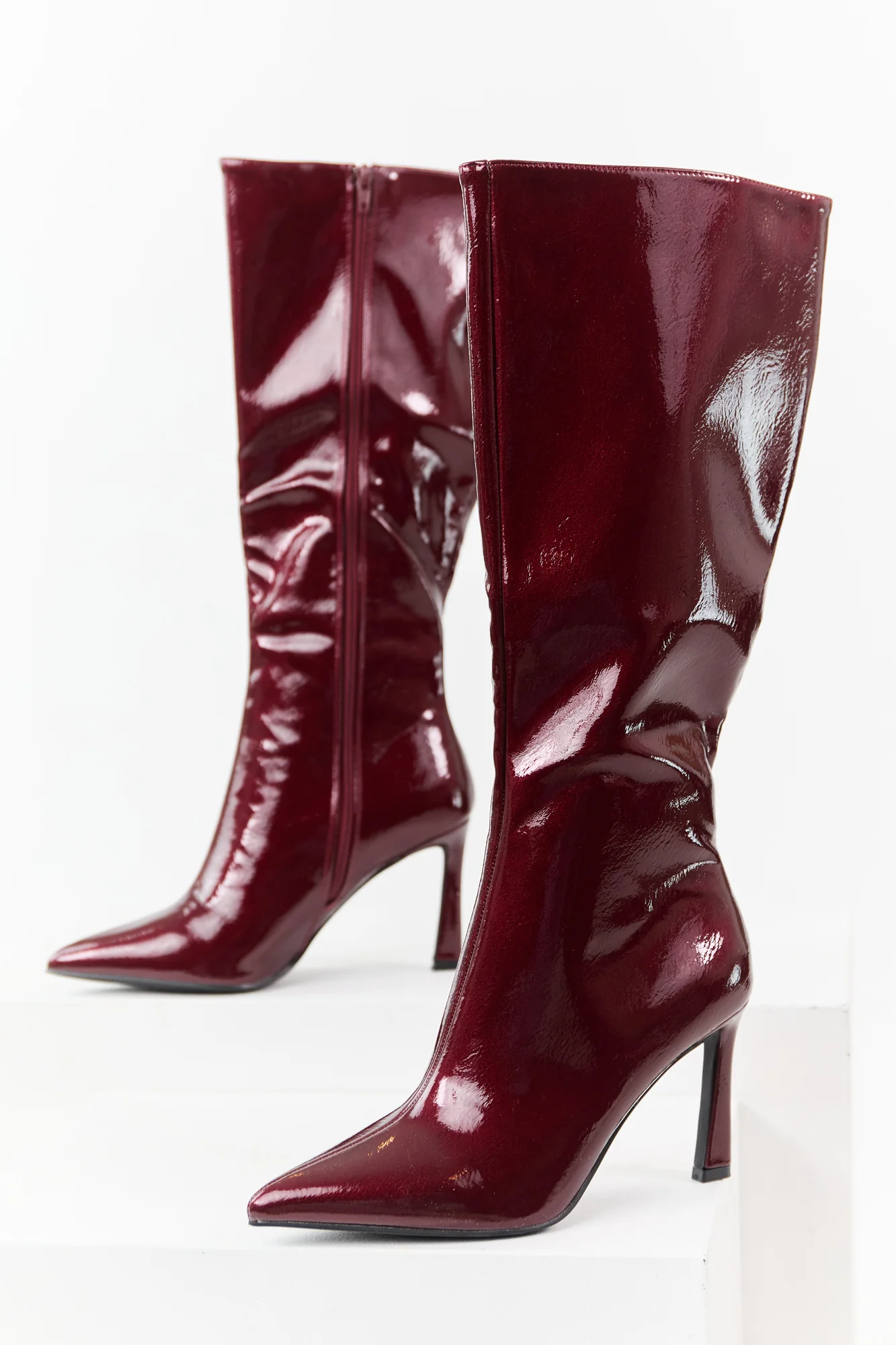 Red Faux Leather High Heel Tall Boots