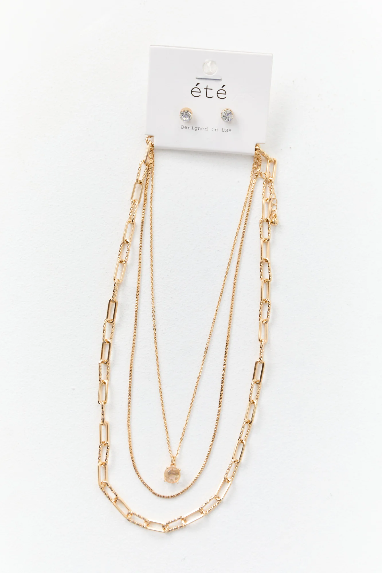 Layered Rhinestone Necklace and Earrings Set in Gold Color