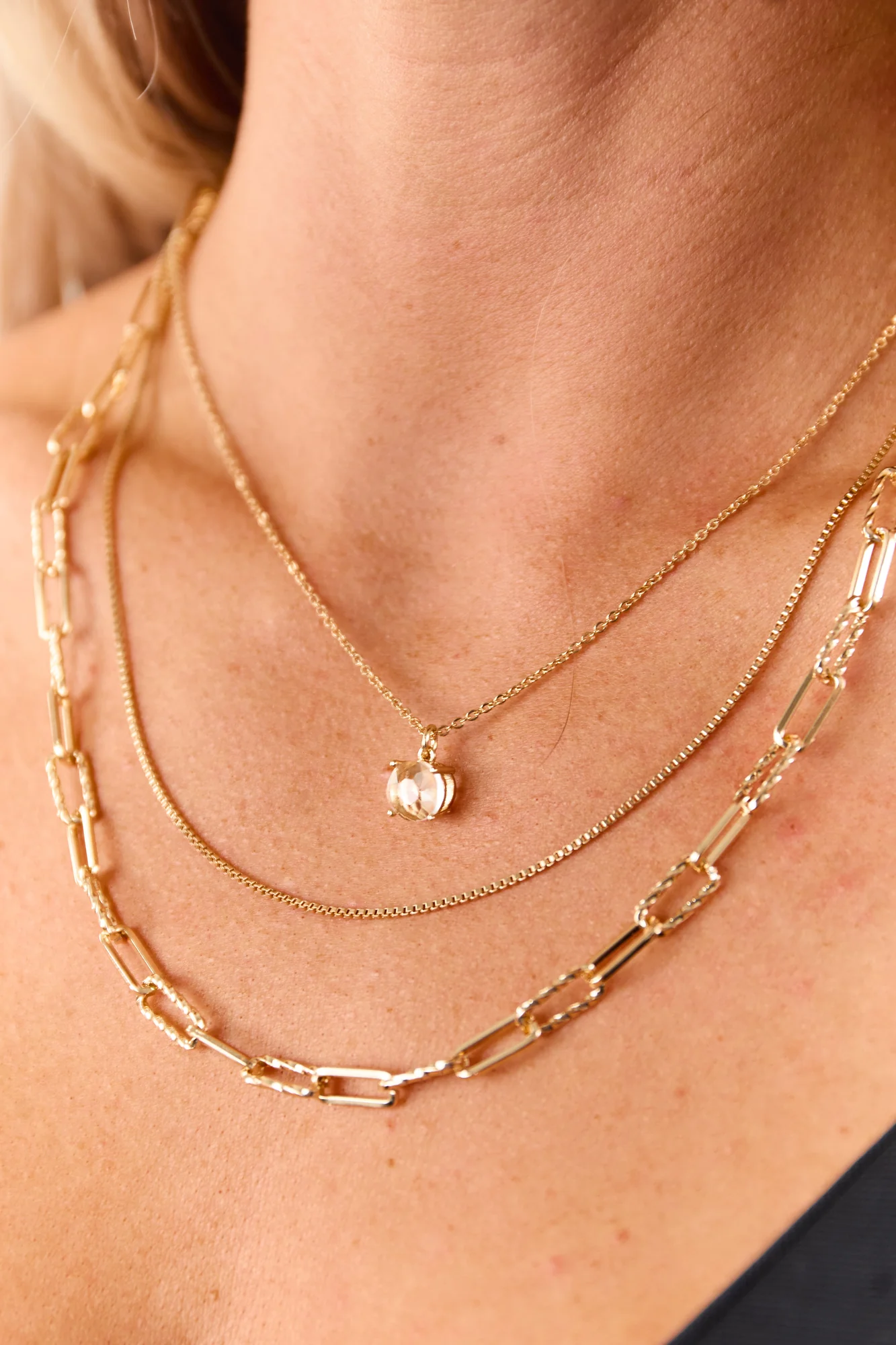 Layered Rhinestone Necklace and Earrings Set in Gold Color