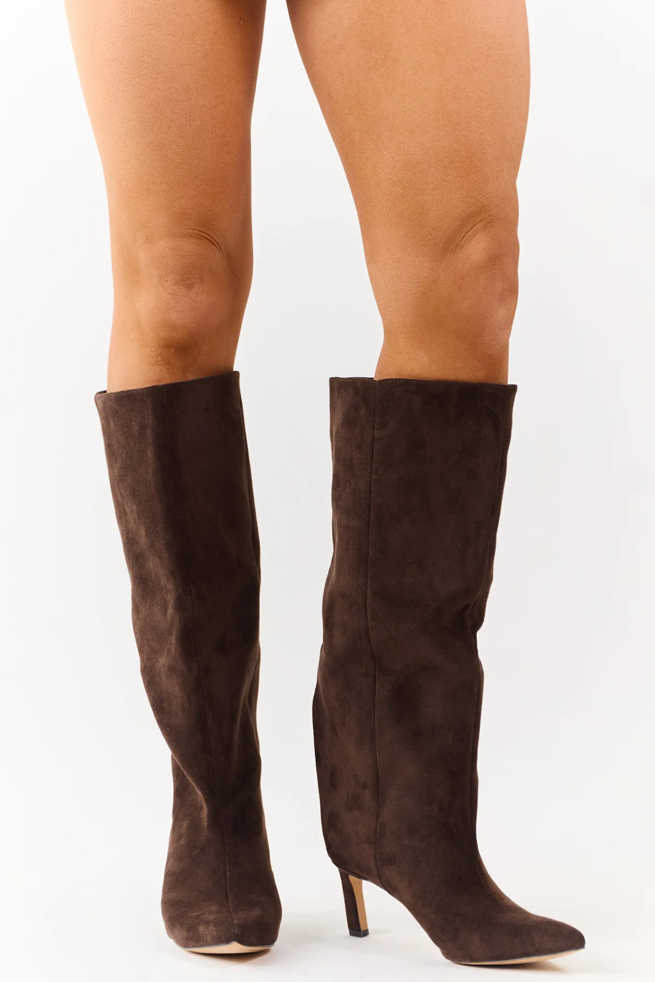 Brown Faux Suede Heeled Tall Boots - Womens Pointed Toe Shoes