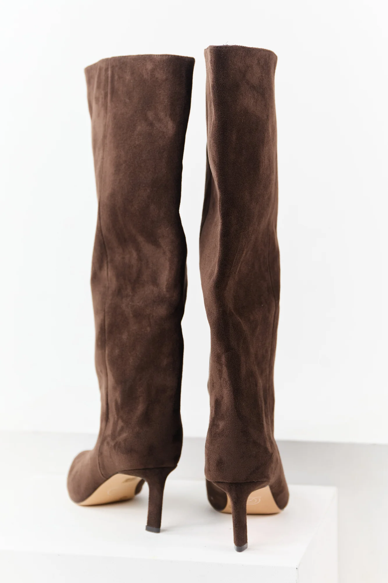 Brown Faux Suede Heeled Tall Boots - Womens Pointed Toe Shoes