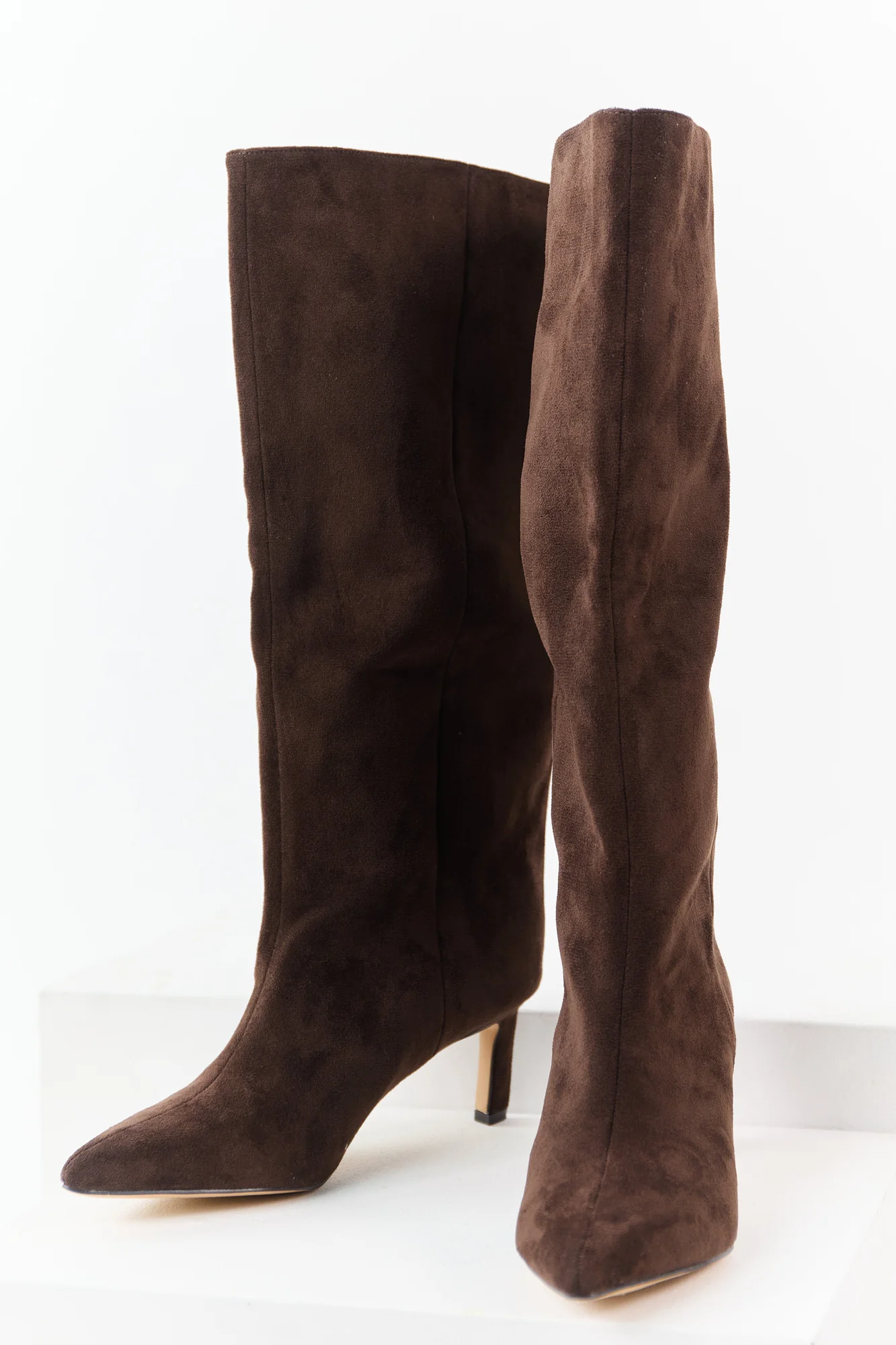 Brown Faux Suede Heeled Tall Boots - Womens Pointed Toe Shoes